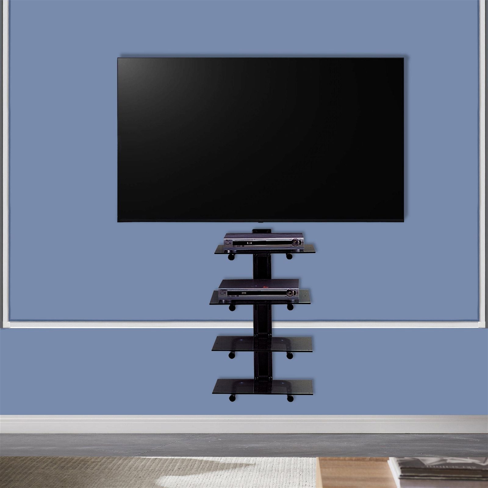 Black Wall Mount 4-Shelf Component Storage Unit with Cable Management - Perfect for Organizing Tools, Electronics & Office Supplies in Garage, Workshop or Home Office