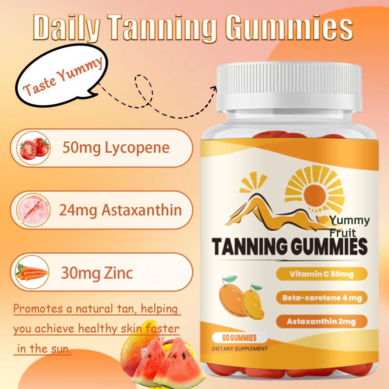 Super Tanning Gummies with Astaxanthin, Vitamin C & Turmeric - Natural Skin Glow Supplement for Healthy Tan (60 Count) | Sunless Tanning Boost for Beach & Summer Vacation Prep