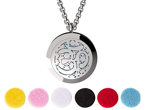 Wild Essentials Aum Om Necklace Essential Oil Diffuser Kit - 4 Aromatherapy Oils (Lavender, Lemongrass, Peppermint, Orange) with 12 Refill Pads - Calming Customizable Color Changing Perfume Jewelry - Perfect for Meditation, Yoga & Stress Relief