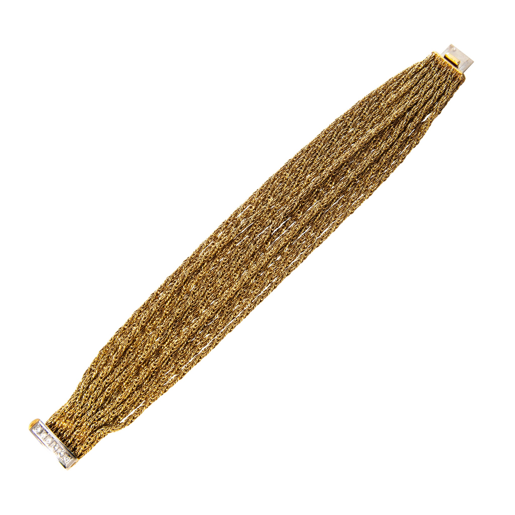 Vintage Mid Century Diamond Clasp 18K Gold 15 Strand Bracelet - Elegant Jewelry for Weddings, Parties & Special Occasions
