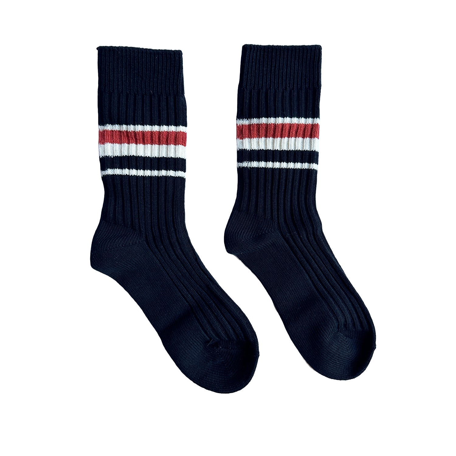 FLOOF Retro Striped Socks for Women & Men - Black Cotton Crew Socks - Vintage Style Casual & Work Socks for Everyday Wear, Office, and Home Comfort