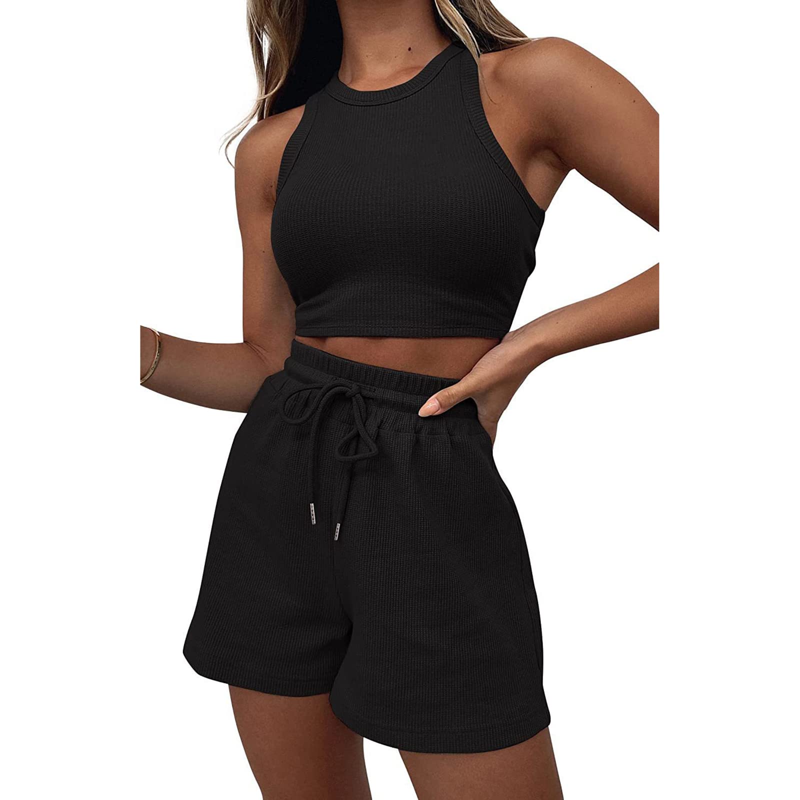 Women's Waffle Knit Crop Tank Top & Shorts Set - Summer Lounge Wear, Casual Two-Piece Outfit for Home, Yoga, and Beach - Comfortable Tracksuit for Women