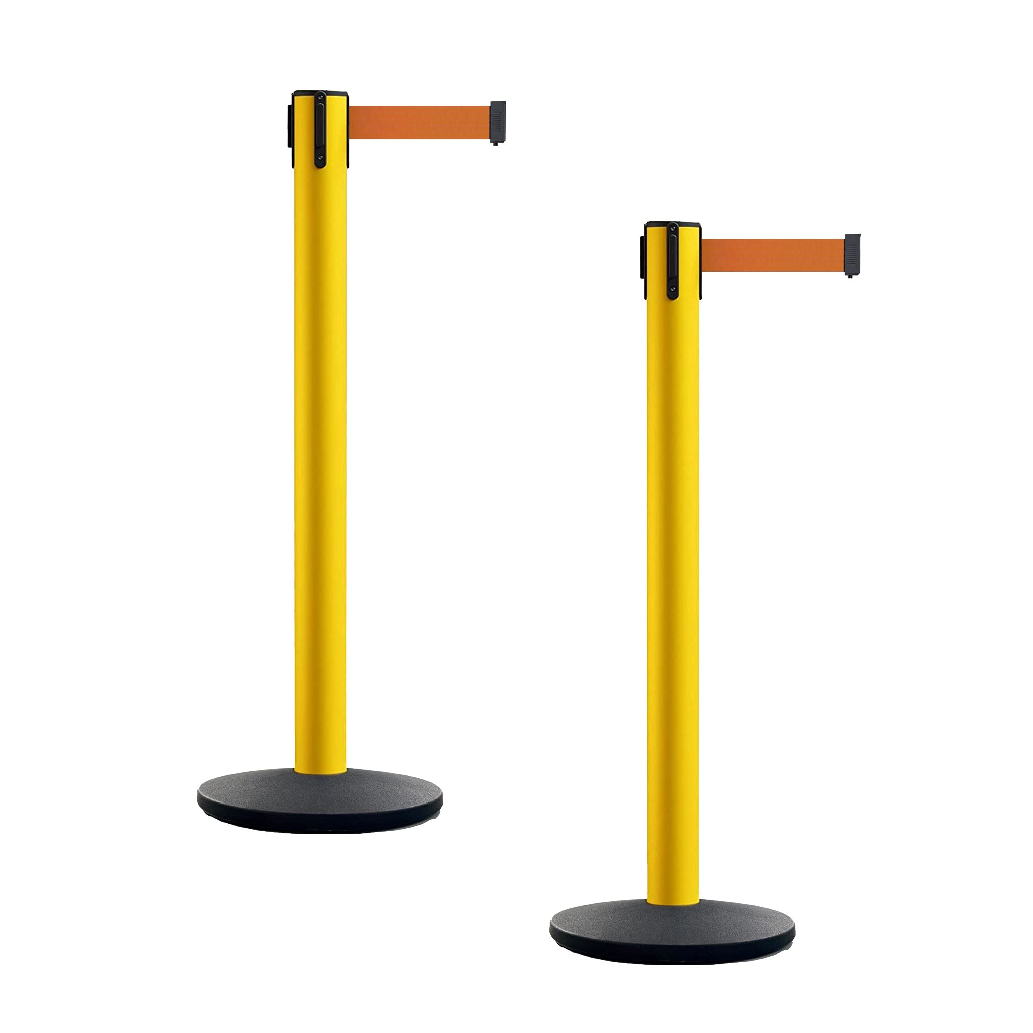 Montour Line MI650 Retractable Belt Barrier Stanchion Set - 2 Pack with Cast Iron Base & 16ft Orange Belt - Yellow Post for Crowd Control | Perfect for Events, Queues, and Safety Barriers in Stores, Theaters, and Public Spaces