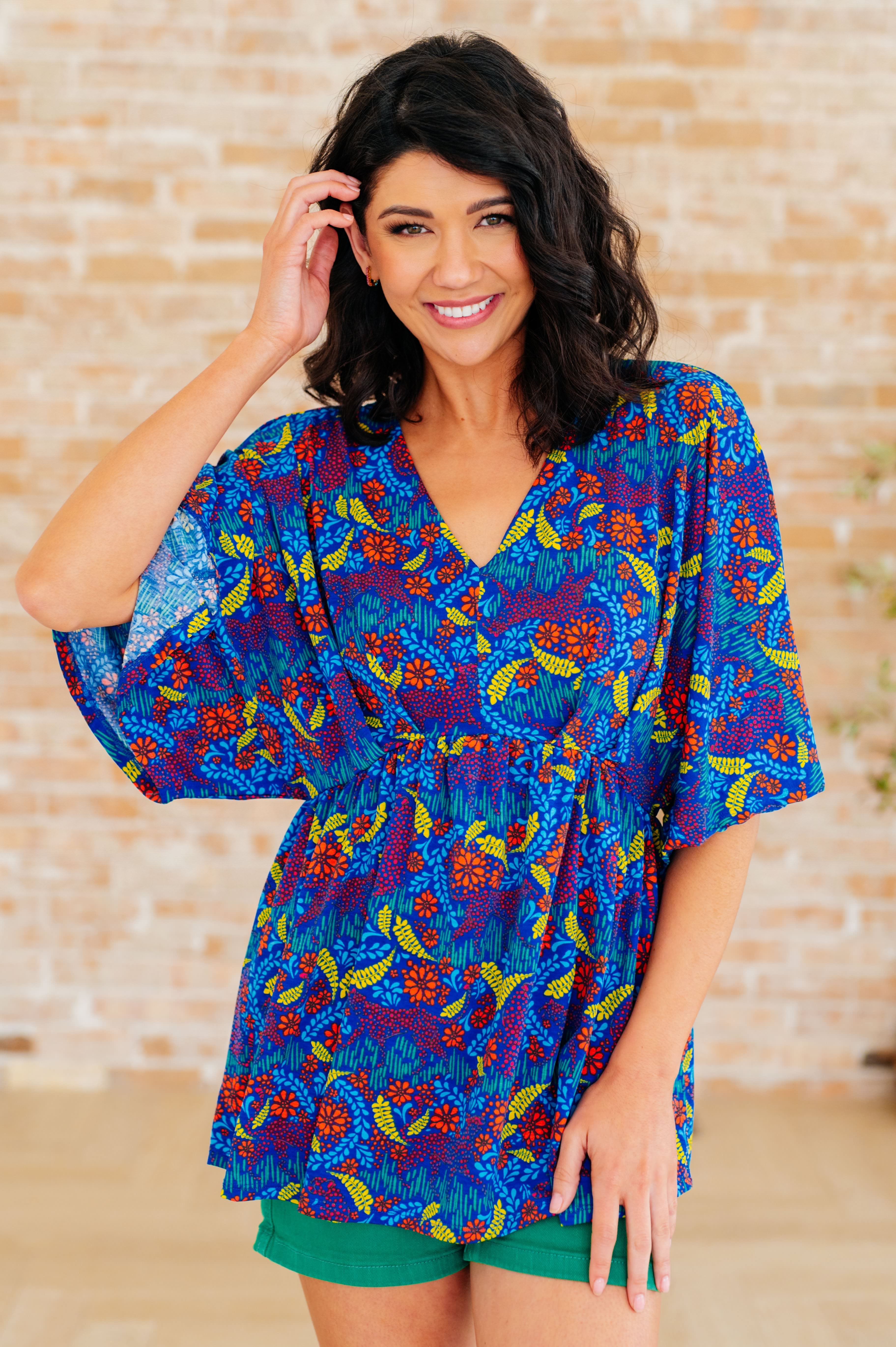 Dreamer Peplum Top - Royal & Red Abstract Print Women's Blouse for Casual Wear, Office & Party Outfits