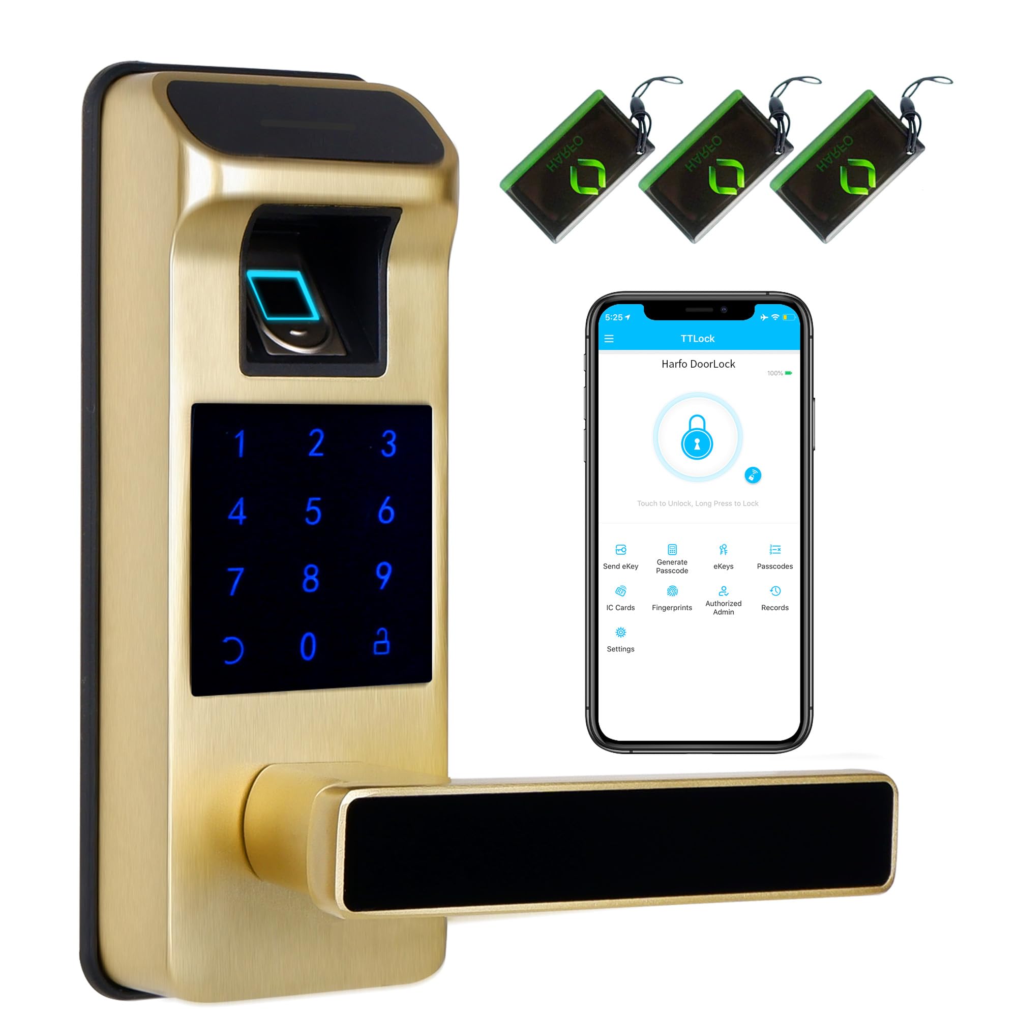 Harfo Smart Door Lock - Keyless Entry Fingerprint & Keypad Digital Lock with Full App Control - Heavy Duty Biometric Security for Homes & Offices (Gold) - Perfect for Modern Smart Homes & Secure Access Control