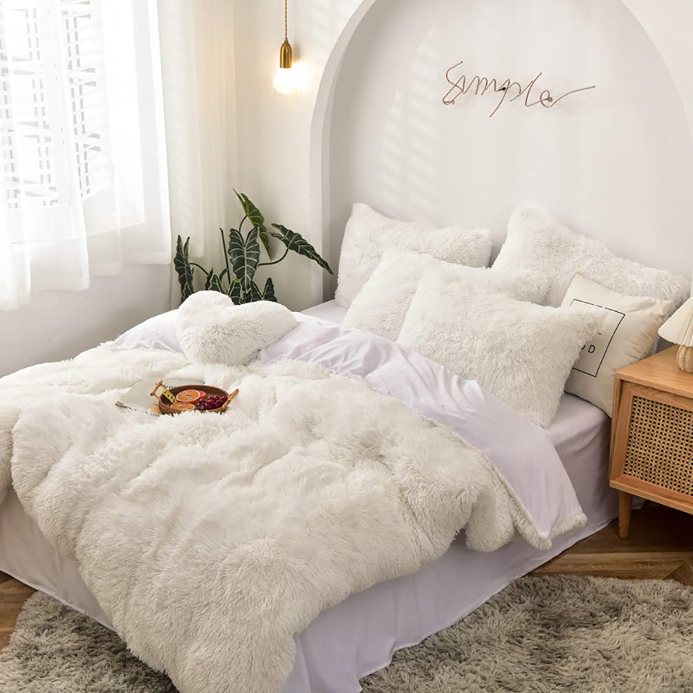 Luxury Plush Velvet Duvet Cover 4-Piece Set - Ultra Soft Mink Cashmere Bedding Comforter Cover with Pillowcases | Winter Warm Shaggy Bedspread & Flat Sheet | Twin Size White Bedding Set for Cozy Winter Nights & Guest Room Decor