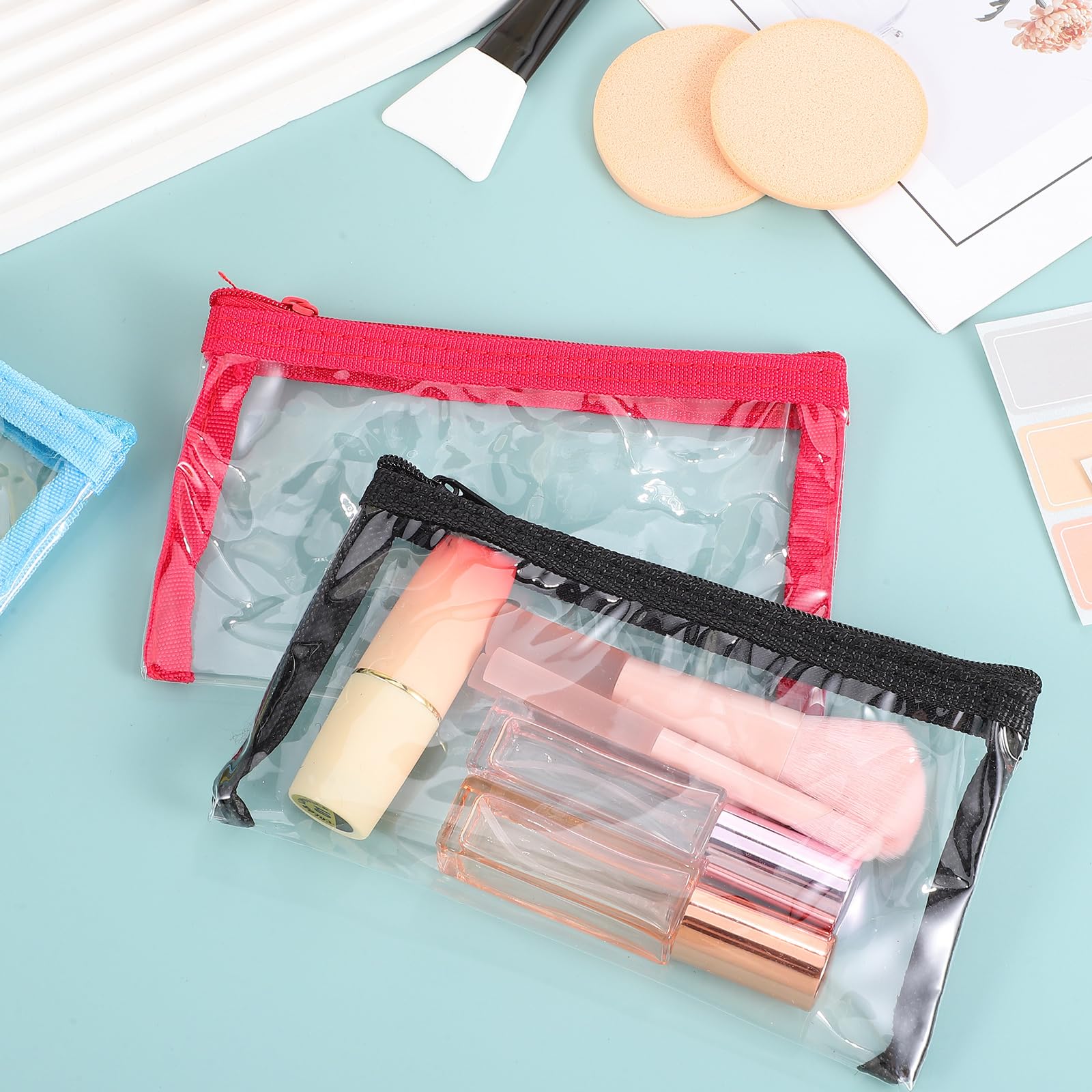 VALICLUD 5-Piece Clear Makeup Organizer Set - Transparent Cosmetic Bags, Toiletry Pouches & Pencil Cases with Label Stickers - Perfect for Travel, School, Office & Daily Essentials Storage