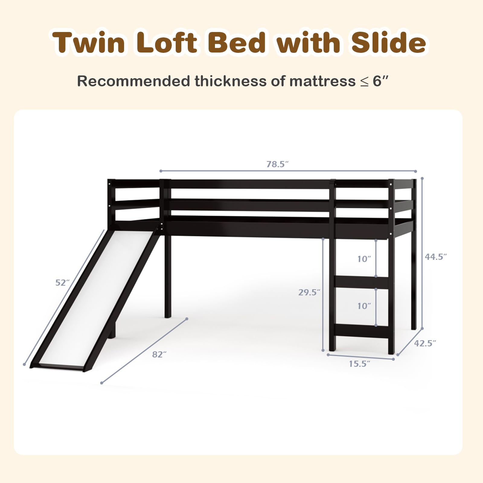 Giantex Twin Loft Bed with Slide - Wooden Low Loft Bed for Kids & Toddlers - Twin Bed Frame with Climbing Ladder & Storage - No Box Spring Needed - Espresso Finish - Perfect for Small Bedrooms, Playrooms & Kids' Sleepovers