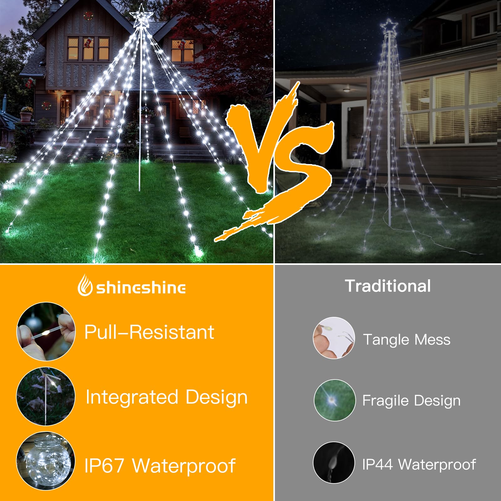 Shineshine 340LED Christmas Tree Lights - IP67 Waterproof Outdoor Holiday Decorations with Star Topper, 8 Lighting Modes & 3 Timers, Dimmable for Yard, Garden, Patio (White) HG-6V222C | Perfect for Christmas, New Year, Winter Decor & Outdoor Parties