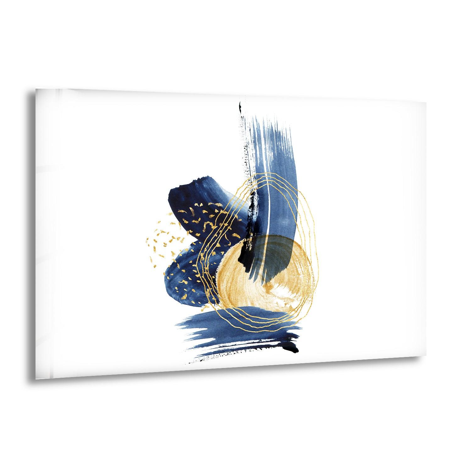 Blue Gold Abstract Painting Glass Wall Art - Modern Home Decor for Living Room, Bedroom & Office - Handmade Glass Wall Hanging for Unique Interior Design