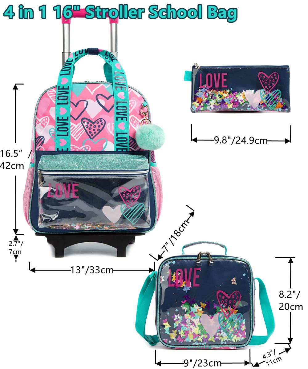 **Egchescebo Girls Rolling Backpacks - 3-Piece Set with Wheels, Lunch Box & Pencil Case, Pink Canvas School Backpack for Travel & Daily Use**    *Perfect for School, Travel, and Everyday Adventures!*