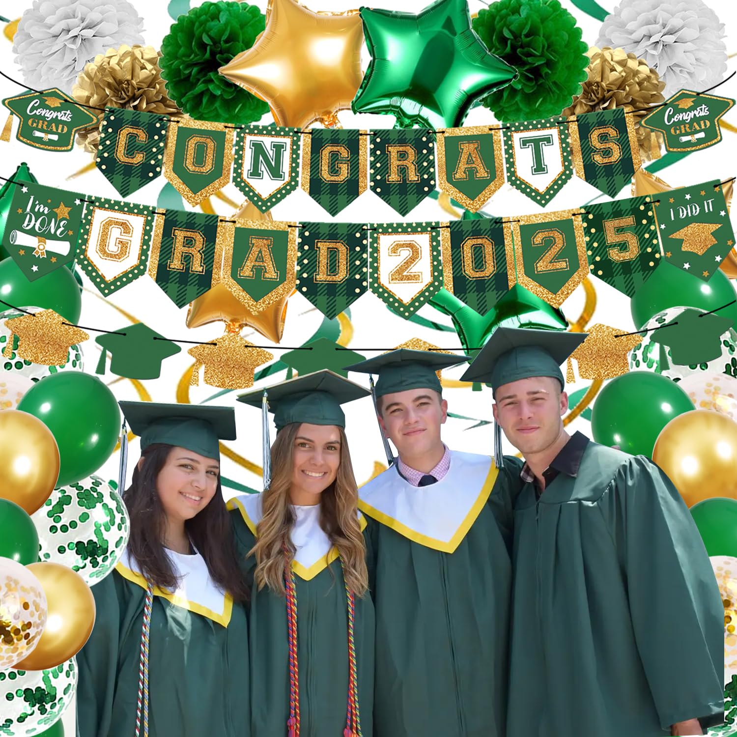 2025 Graduation Party Decorations Kit - Green White Gold Class of 2025 Congrats Grad Banners, Paper Pompoms & Foil Balloons | Perfect for High School & College Graduation Celebrations, Photo Backdrops & Party Supplies