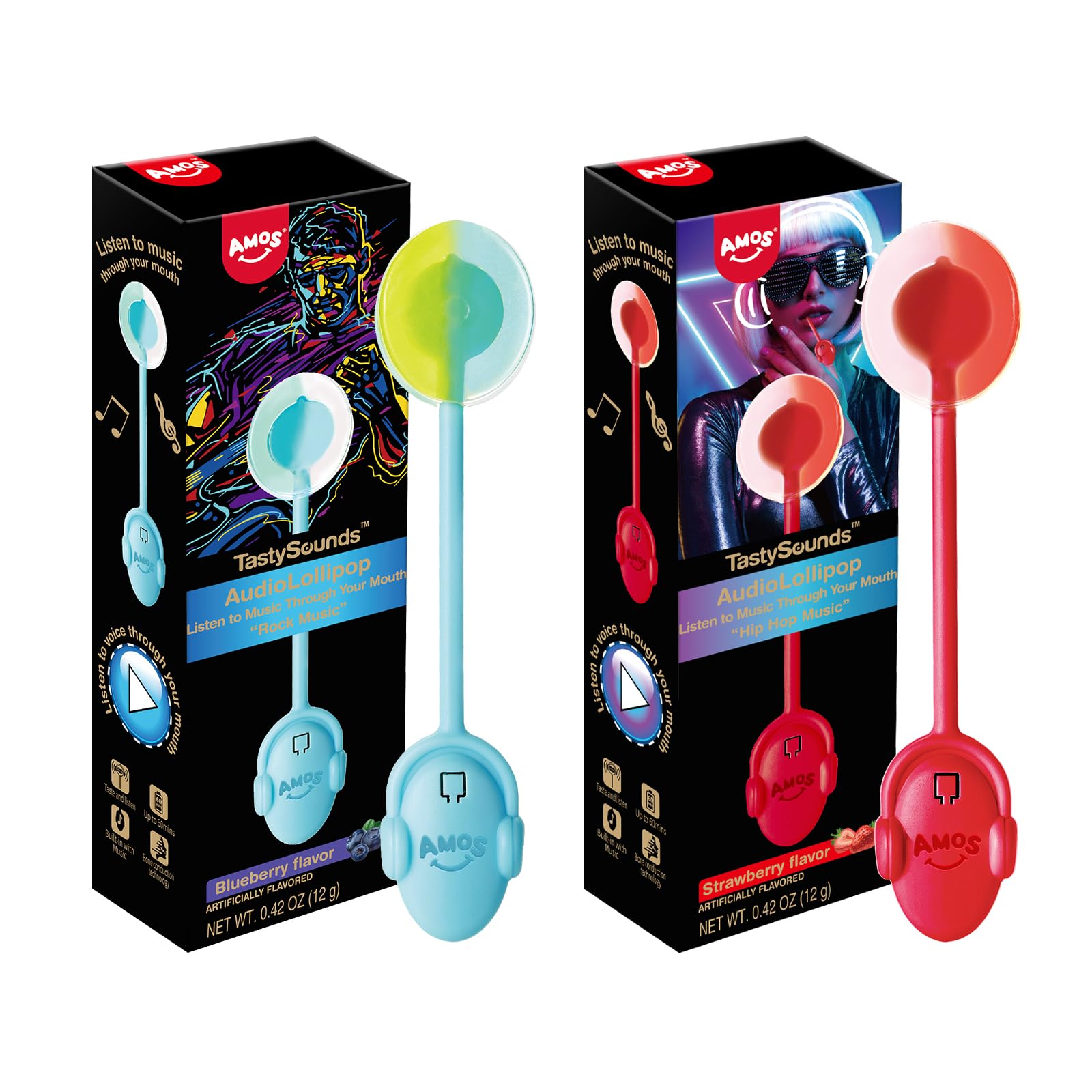 Amos Music Lollipop Candy Suckers - Sugar Free Singing Lollipops with Strawberry & Blueberry Flavors - Unique Gifts for Men & Women - Individually Wrapped Combo Pack - Perfect for Birthdays, Parties & Surprise Gifts
