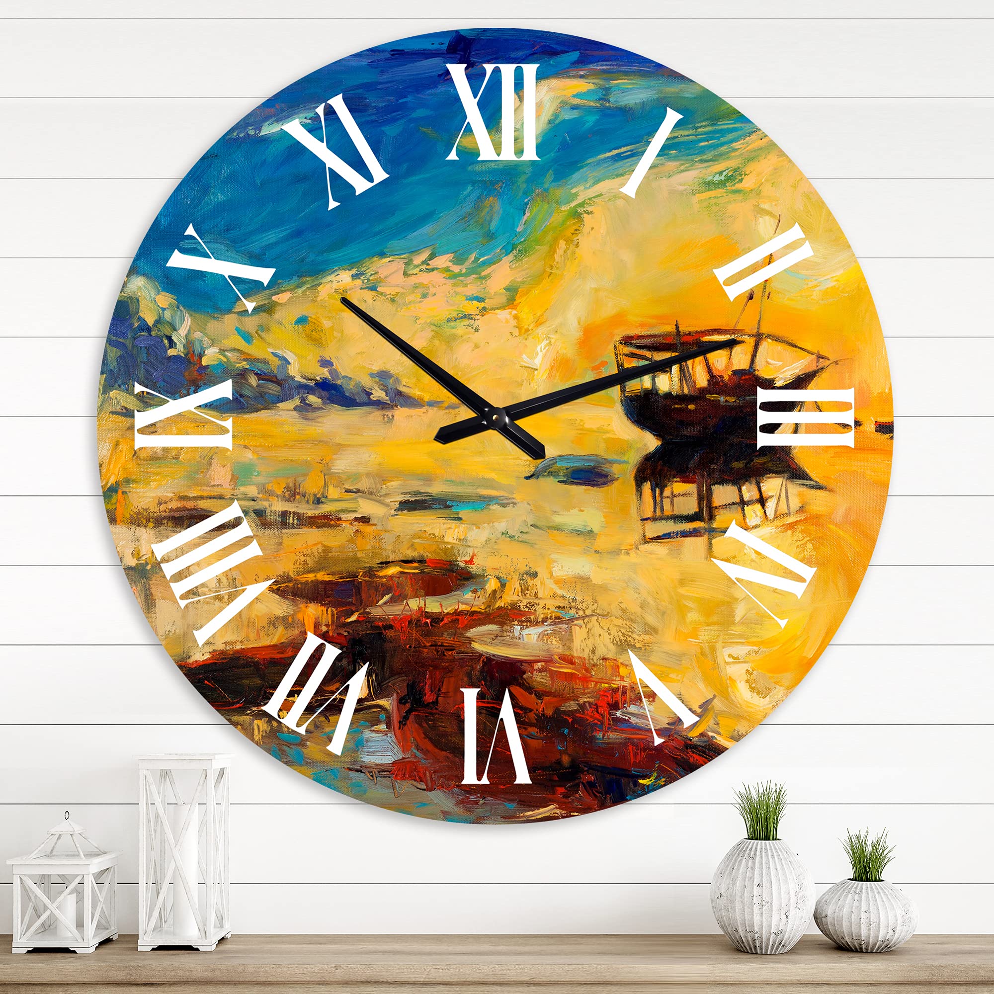 DesignQ Nautical Coastal Wall Clock - Large Sunset Boat Ocean Horizon Decor for Kitchen, Living Room, Bedroom & Office | Nature Landscape Wall Art