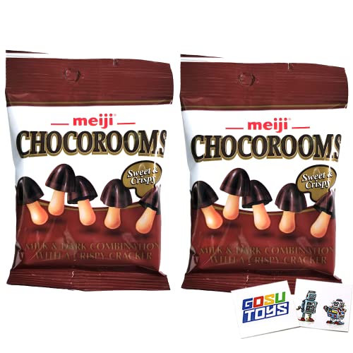Meiji Chocorooms Sweet & Crispy Milk & Dark Chocolate Snacks with Crunchy Crackers (2-Pack) - Perfect for Lunchboxes, Office Treats & Party Favors - Includes 2 Free Gosutoys Stickers