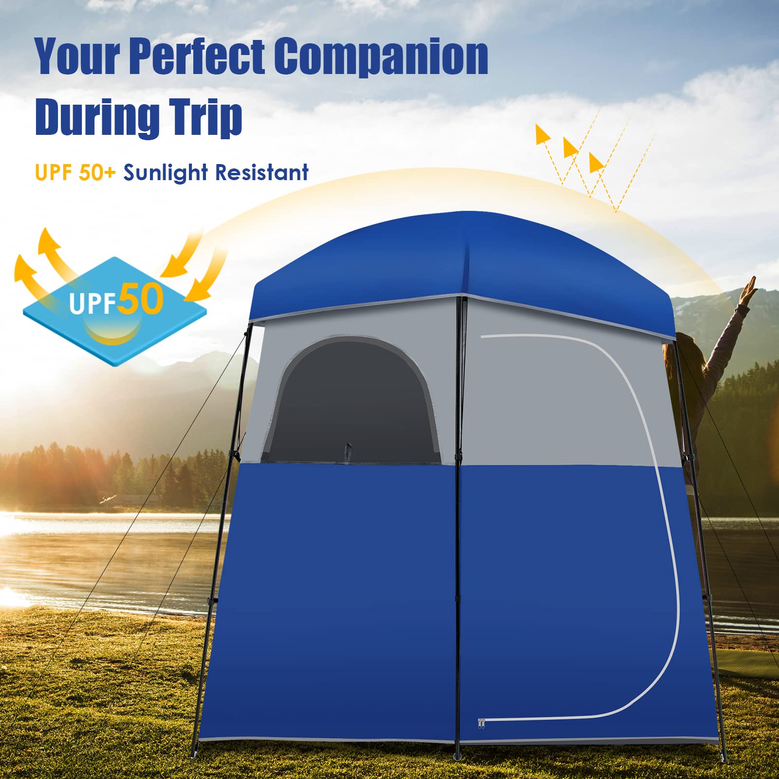 Tangkula Double Room Shower Tent - Extra Large Privacy Changing Tent for Camping with Floor & Removable Rain Fly | Portable Outdoor Shower Tent with Storage Bag | Perfect for Camping, Beach, Poolside & Outdoor Dressing