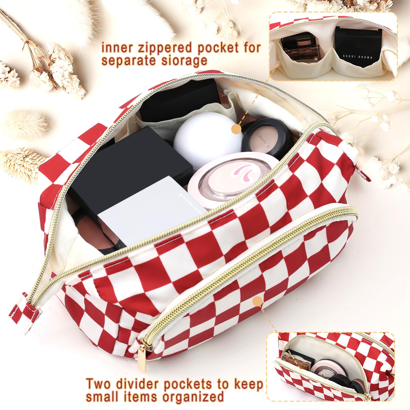 Waterproof Checkered Makeup Bag for Women Travel - Large Capacity Cosmetic Organizer with 3 Compartments, Red Toiletry Pouch | Perfect for Vacation, Gym & Daily Essentials Storage