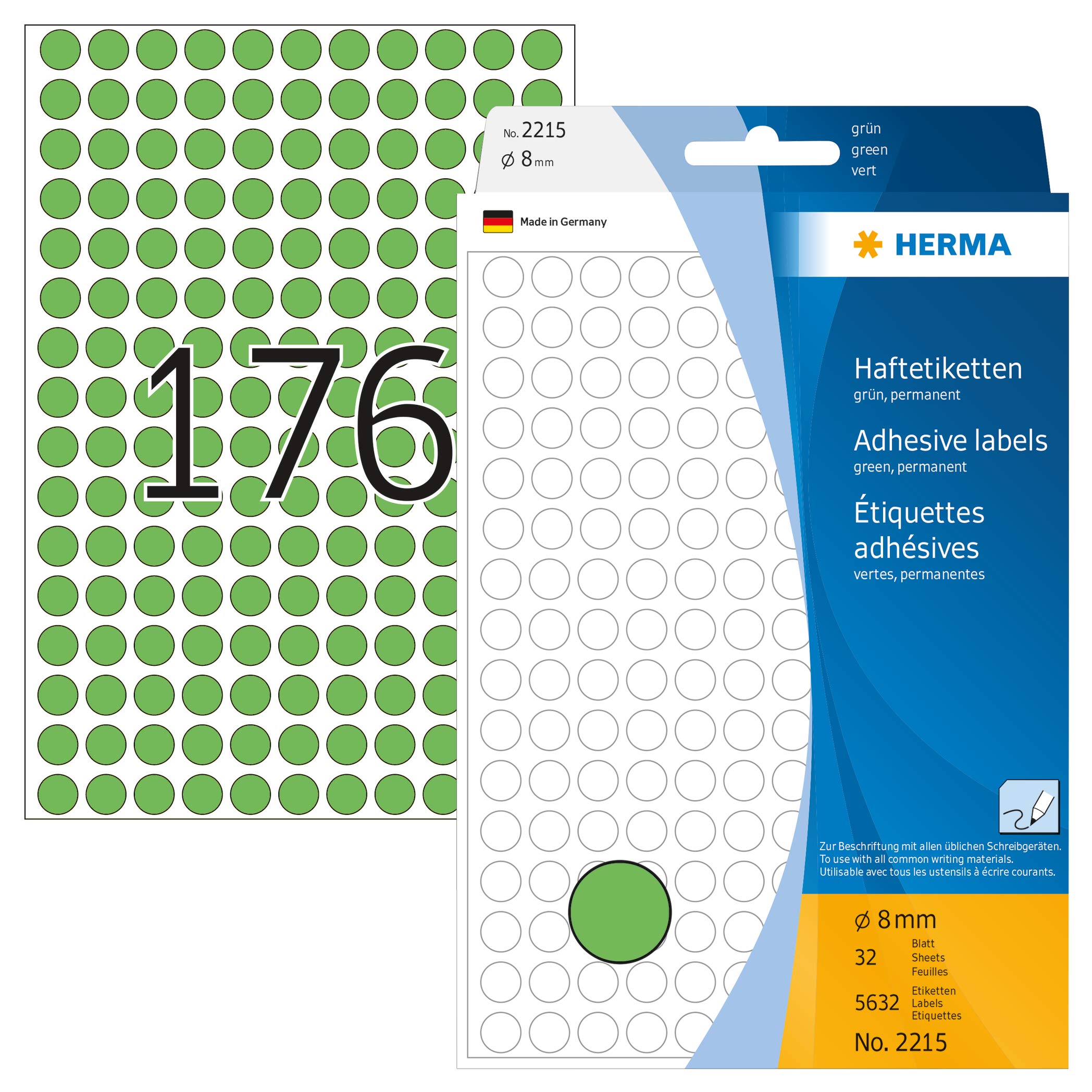HERMA 2215 Round Green Paper Labels - 8mm Multi-Purpose Color Dots (5632 pcs) for Office Organization, File Sorting & Craft Projects | Matte Finish with Handwriting Space