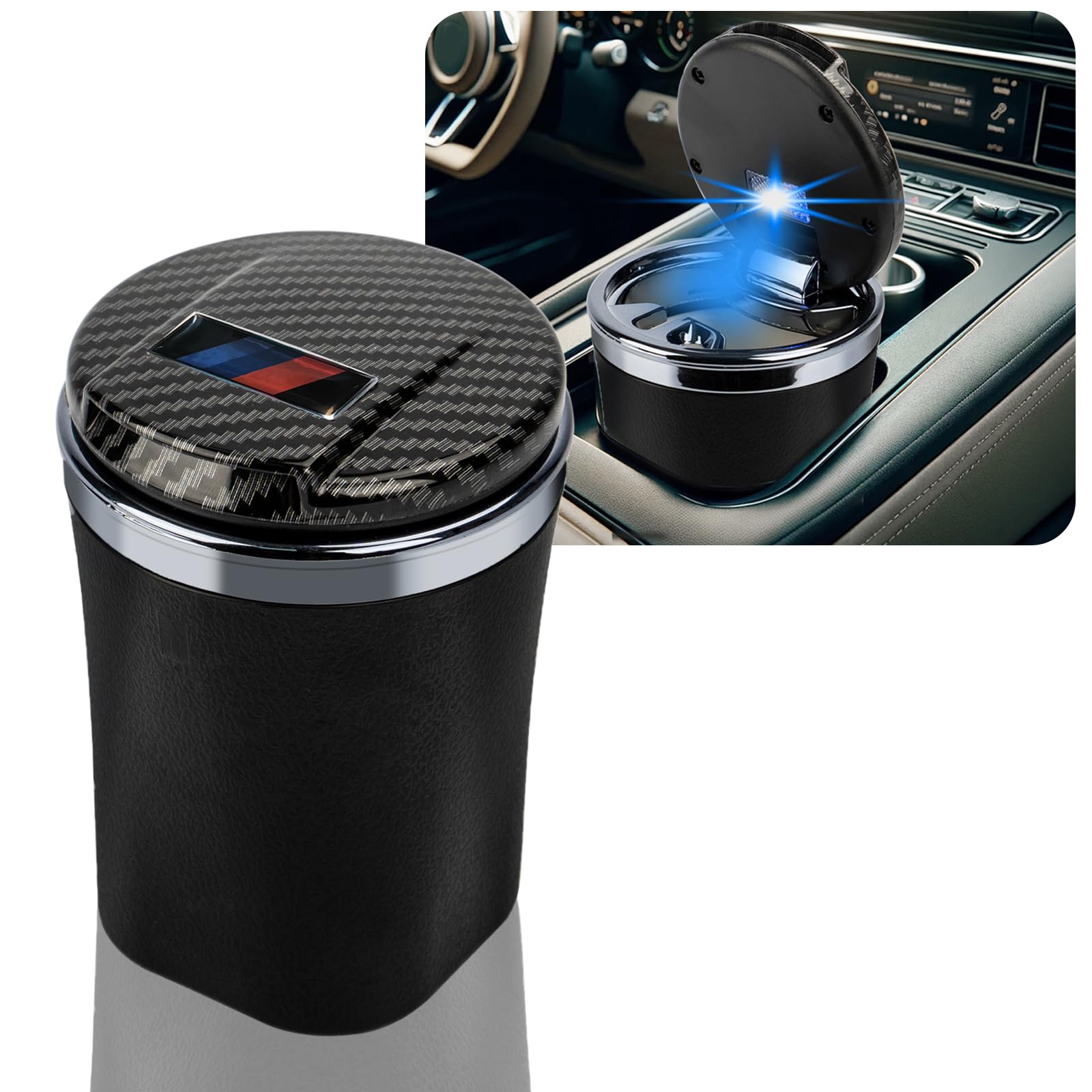 Premium Ceramic Car Ashtray with Carbon Fiber Lid - Smell Proof Portable Ash Tray with LED Light for Car Cup Holder | Ideal for Travel, Indoor & Outdoor Use by Smokers (HT852-PTXH Mini Size)