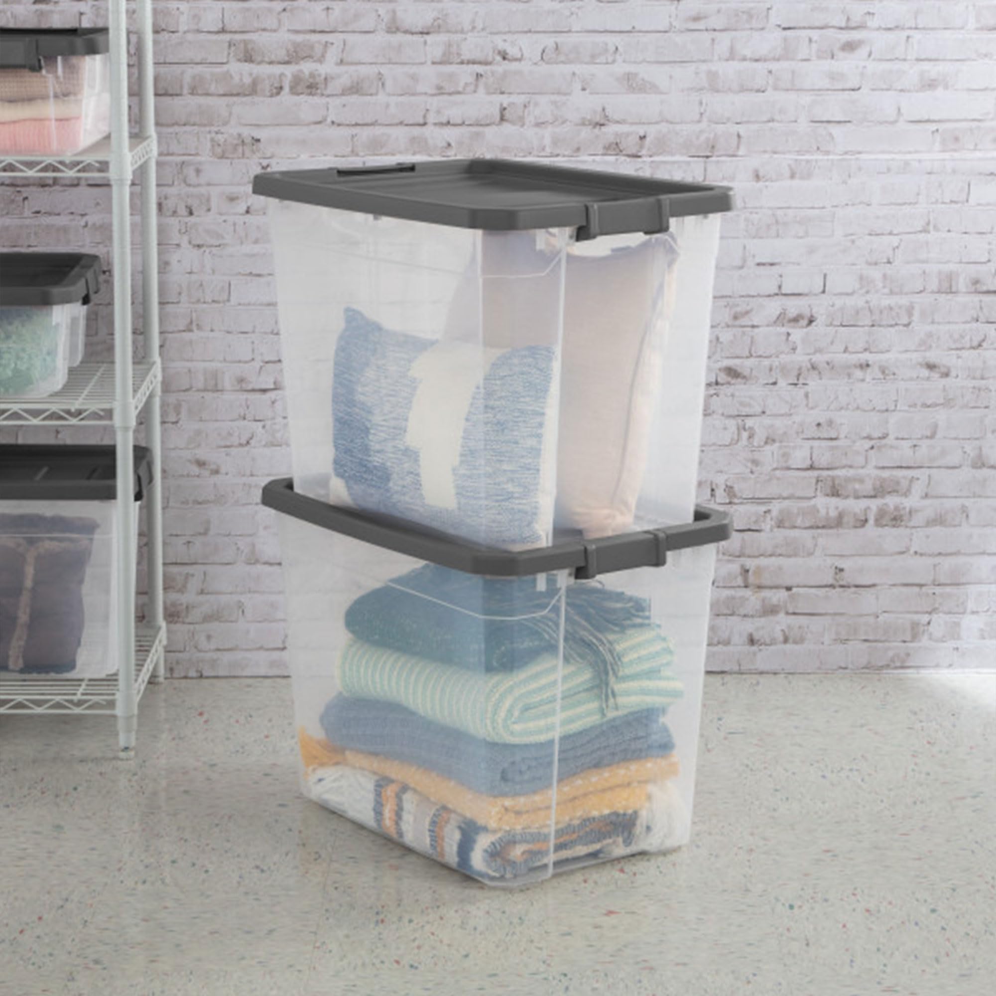 Sterilite 8-Pack Modular Stacker Box - Clear Plastic Storage Bins with Secure Latching Lids (108 Quart) - Durable Stackable Organizer for Home, Office & Garage Storage Solutions