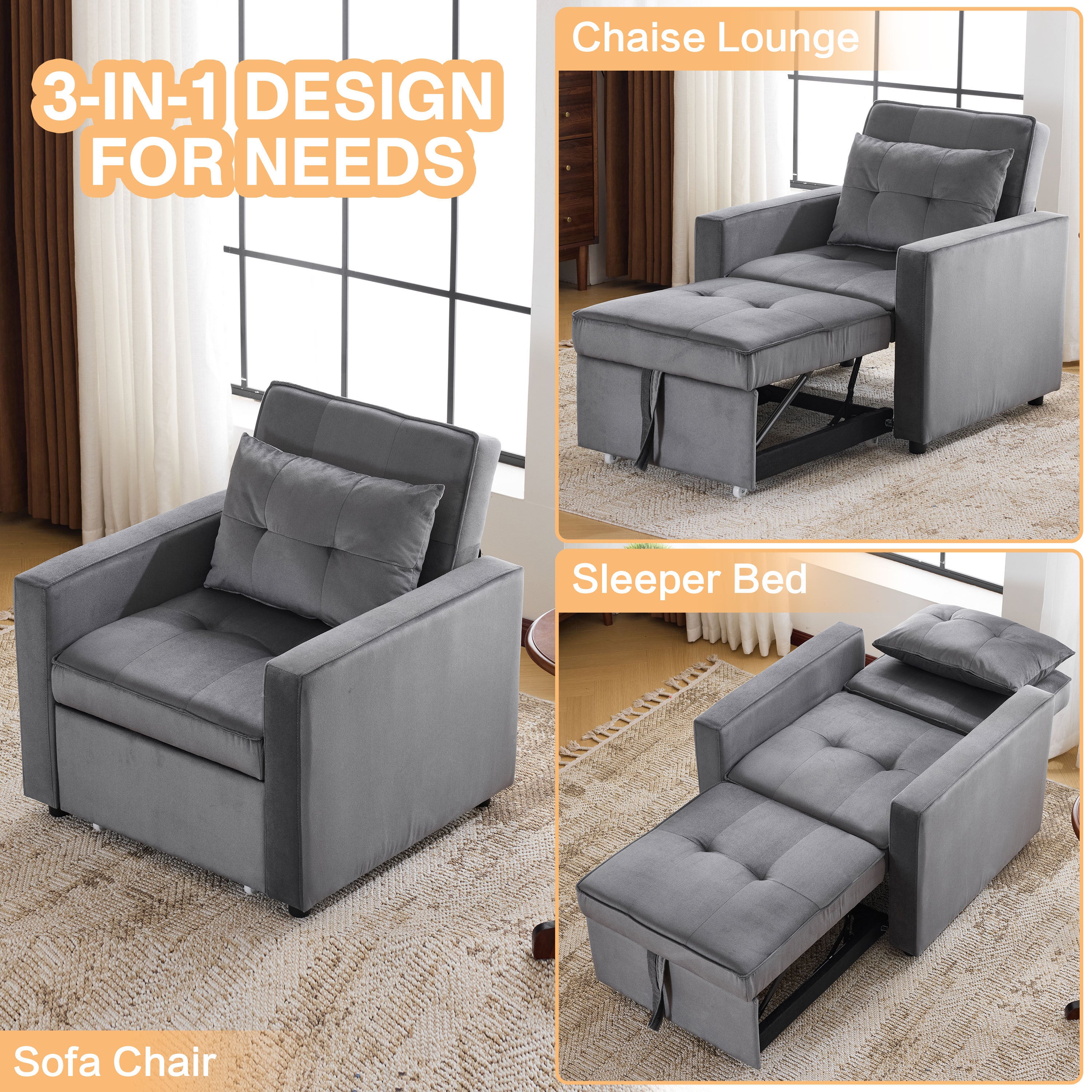 3-in-1 Convertible Sleeper Sofa Bed Chair with Pillow & Pocket - Modern Velvet Fabric Multi-Functional Furniture for Living Room, Bedroom, Study & Small Apartments (Gray) | Perfect for Guest Sleeping, Lounging & Space Saving Solutions