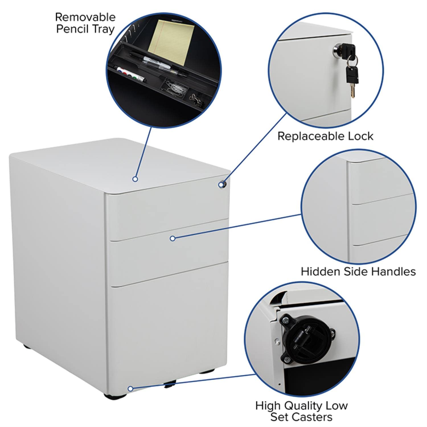 Flash Furniture Warner Modern 3-Drawer Mobile Locking File Cabinet with Anti-Tilt Mechanism - Hanging Drawer for Legal & Letter Files - White Office Storage Solution for Home & Business Organization