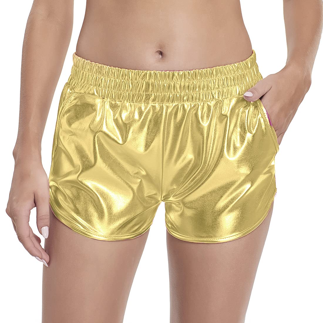 Women's High Waist Metallic Shiny Shorts - Elastic Waistband Party Pants for Rave, Dance, Club Wear & Festival Outfits
