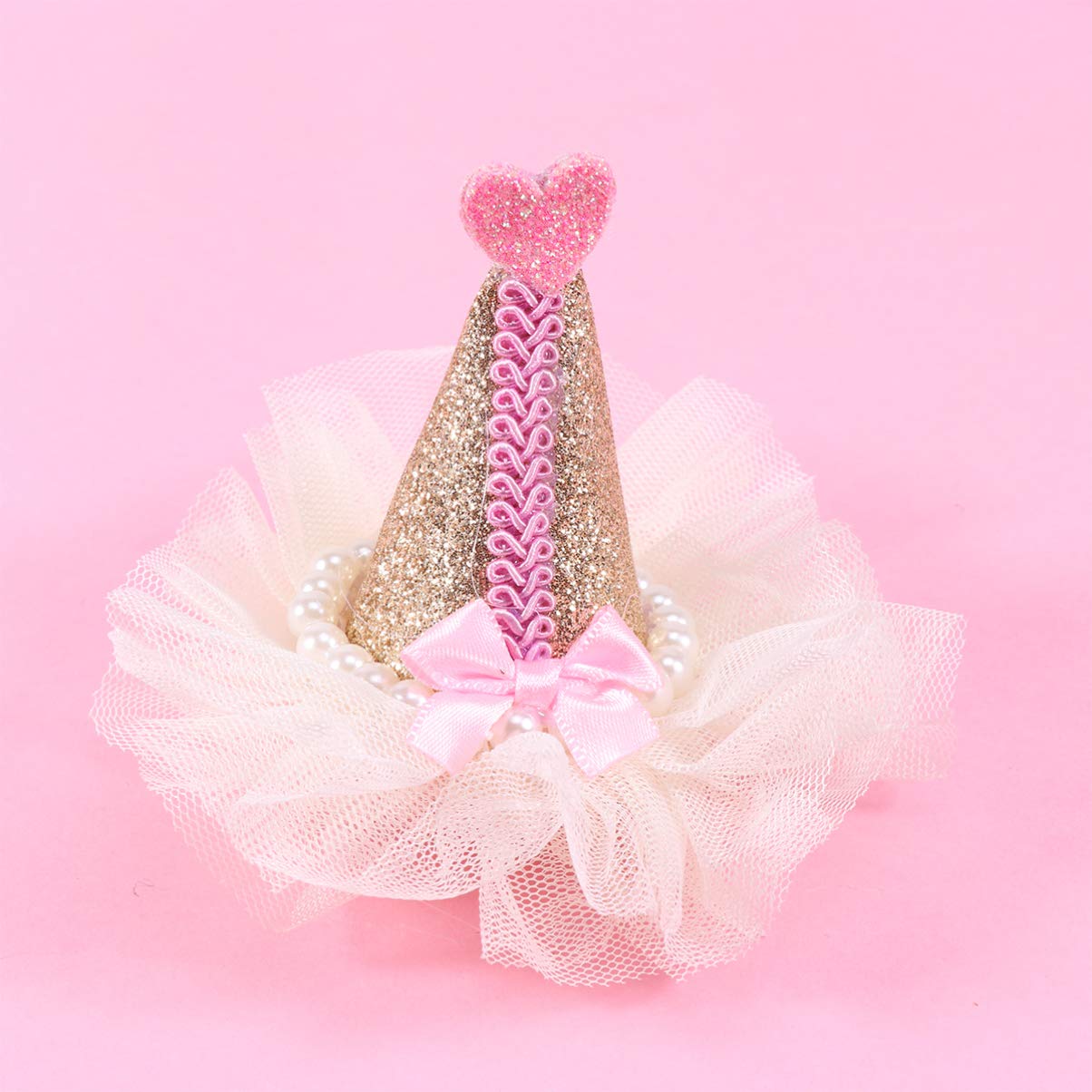 POPETPOP Gold Hair Clips & Dog Birthday Hat - Cute Princess Pet Costume Headbands for Small Dogs & Cats | Perfect for Pet Birthday Parties, Photo Shoots & Dress-Up Play