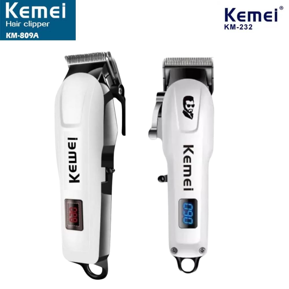 KEMEI 809 Men's Professional Hair Trimmer Combo - KM-232 & KM-809A with 240Min Runtime, 4 Length Settings (White/Black) - Perfect for Home Grooming, Beard Trimming & Travel Use