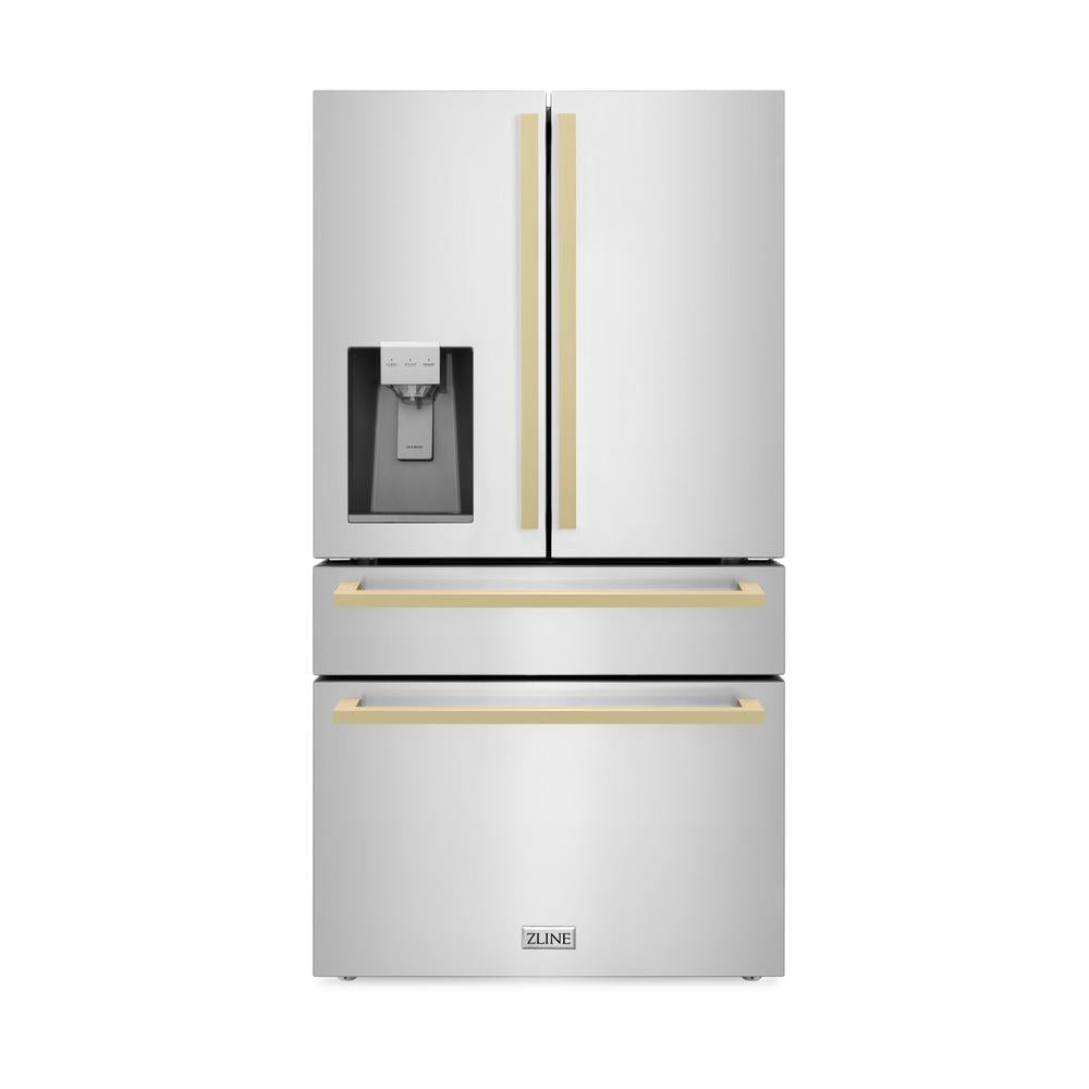 ZLINE Autograph Edition 36 Inch Counter Depth French Door Refrigerator - 21.6 cu ft Capacity, Fingerprint Resistant Stainless Steel, Champagne Bronze Handles, Built-in Water & Ice Dispenser - Perfect for Modern Kitchens, Open Concept Homes & Entertaining Spaces (RFMZ W 36 FCB)