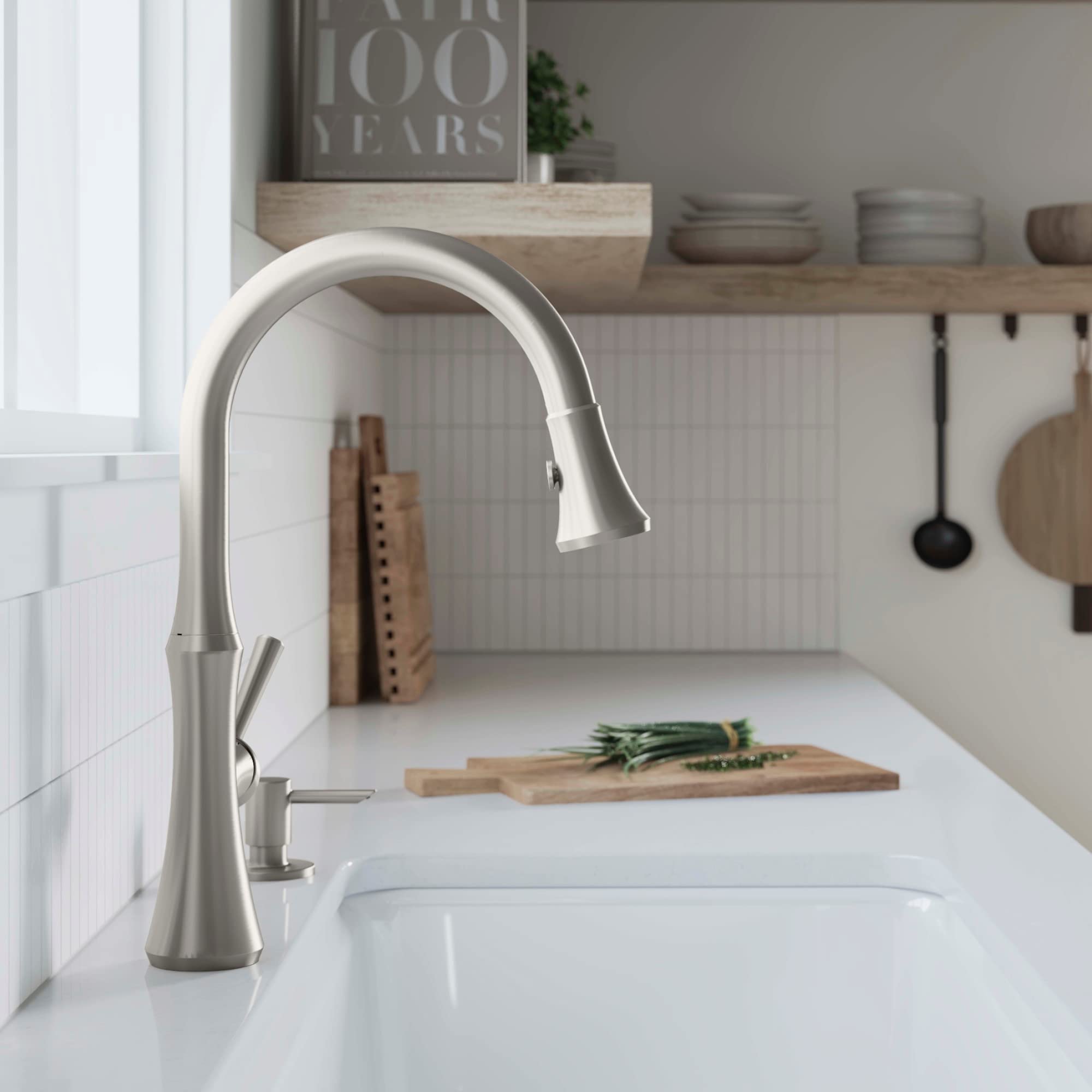 Kohler R28706-SD-VS Kaori Single Handle Pull Down Sprayer Kitchen Faucet with Soap Dispenser in Vibrant Stainless - Perfect for Modern Kitchens & Easy Dishwashing
