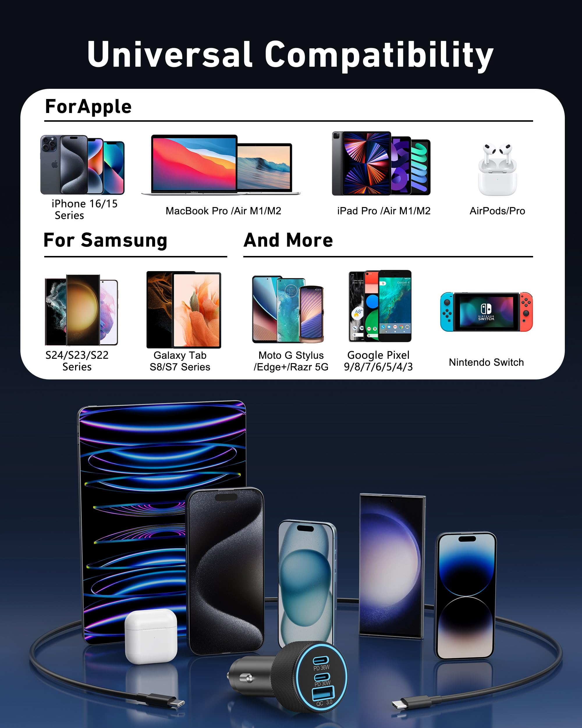 67W 3-Port Super Fast Type C Car Charger with PD/QC - Compatible with Samsung Galaxy S25/S24/S23/S22/S21 Ultra, iPhone 16/15 Pro Max, Google Pixel & Android Devices - Includes 3FT USB-C Cable - Perfect for Road Trips, Commuting & Multi-Device Charging On-The-Go