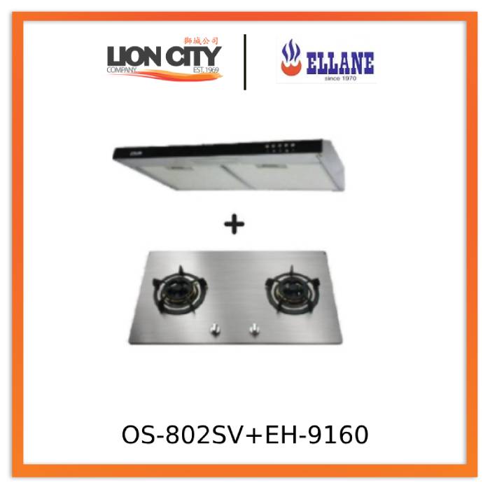 Ellane 60cm/90cm Slimline Range Hood with Black Panel EH 9160 & Ellane OS 802SV 86cm 2 Burner Gas Cooktop - Modern Kitchen Ventilation for Home Cooking and Grilling