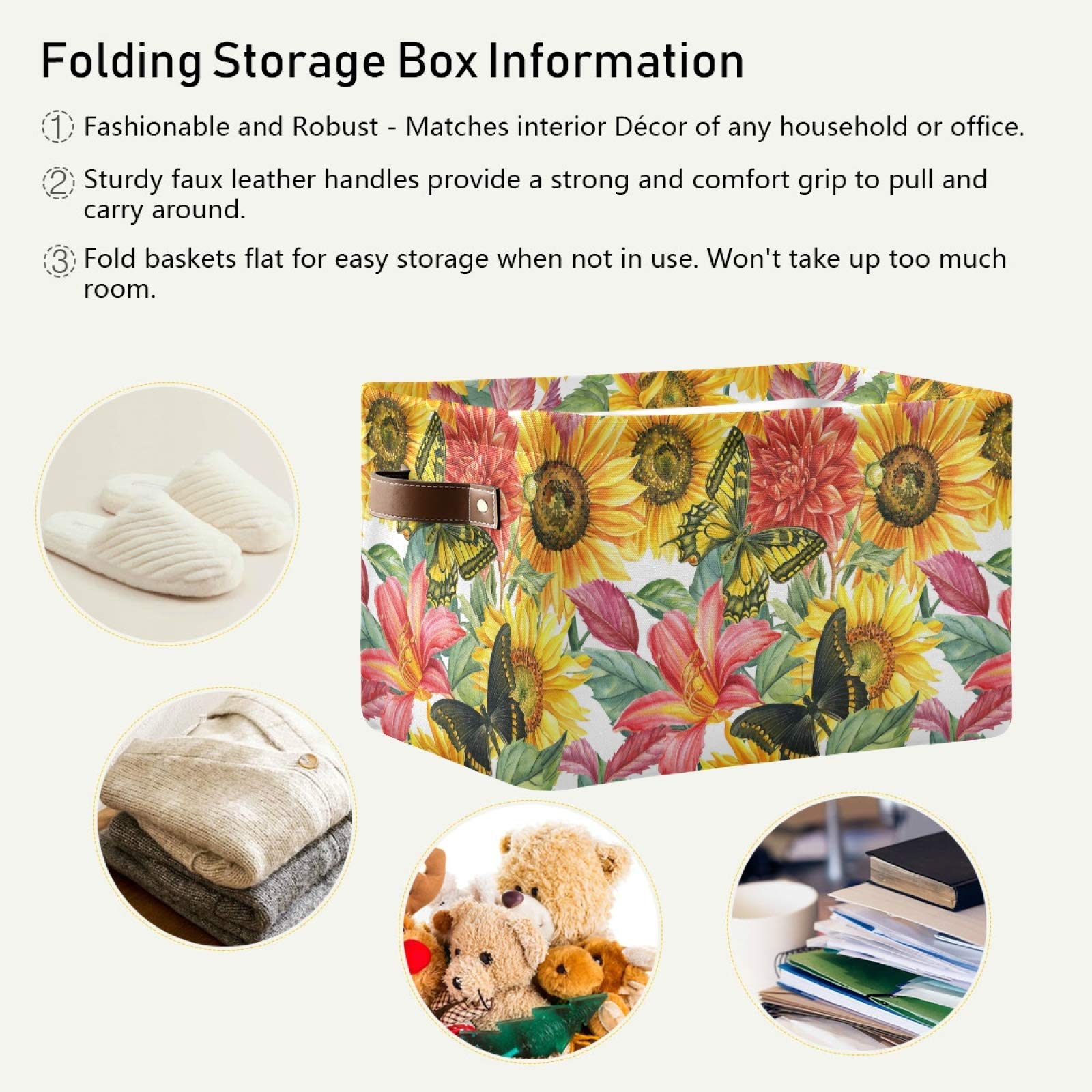 Collapsible Storage Basket with PU Handles - Waterproof Organizer Bin for Nursery, Shelves & Closet | Butterfly & Sunflower Design | Perfect for Home Organization & Kids Room Storage