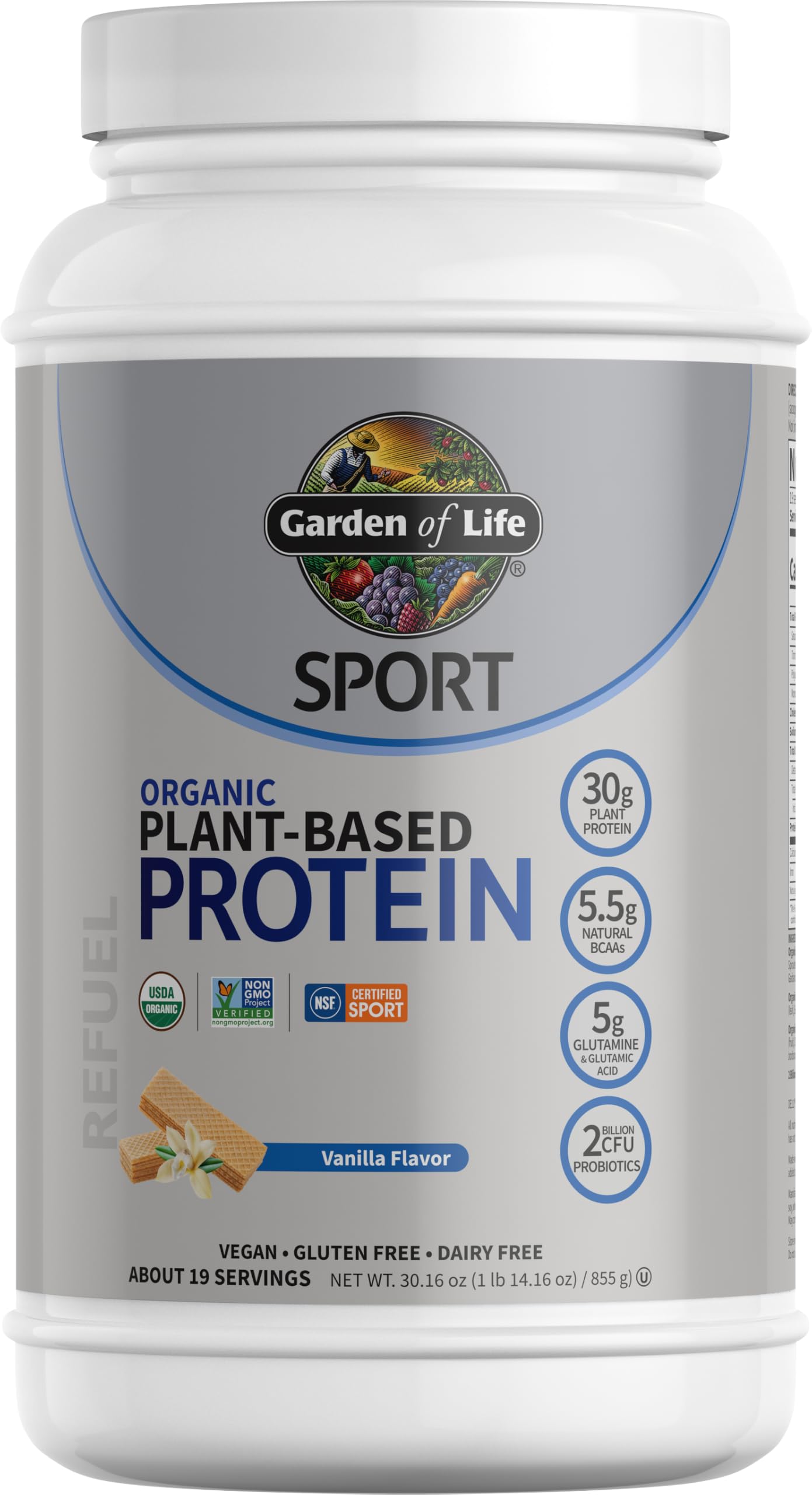 Organic Vegan Protein Powder - Vanilla Flavor with Probiotics & BCAAs, 30g Plant-Based Protein, NSF Certified, Gluten Free, Non-GMO | Garden of Life Sport Protein Powder (19 Servings) for Post-Workout Recovery & Muscle Building