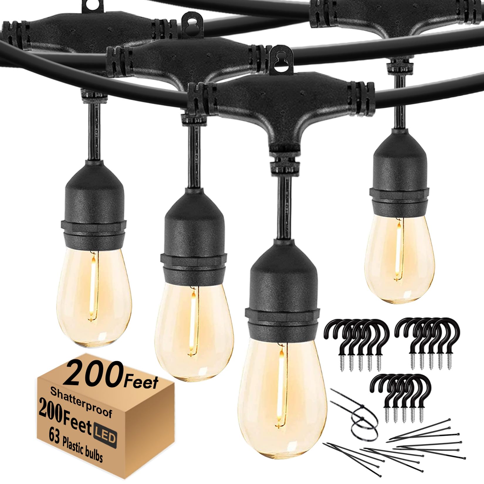 200FT Outdoor LED String Lights - Waterproof Shatterproof Edison Bulbs, 63 Warm White 2200K Lights for Patio, Garden, Gazebo, Pergola & Café | Perfect for Backyard Parties, Weddings & Restaurant Decor