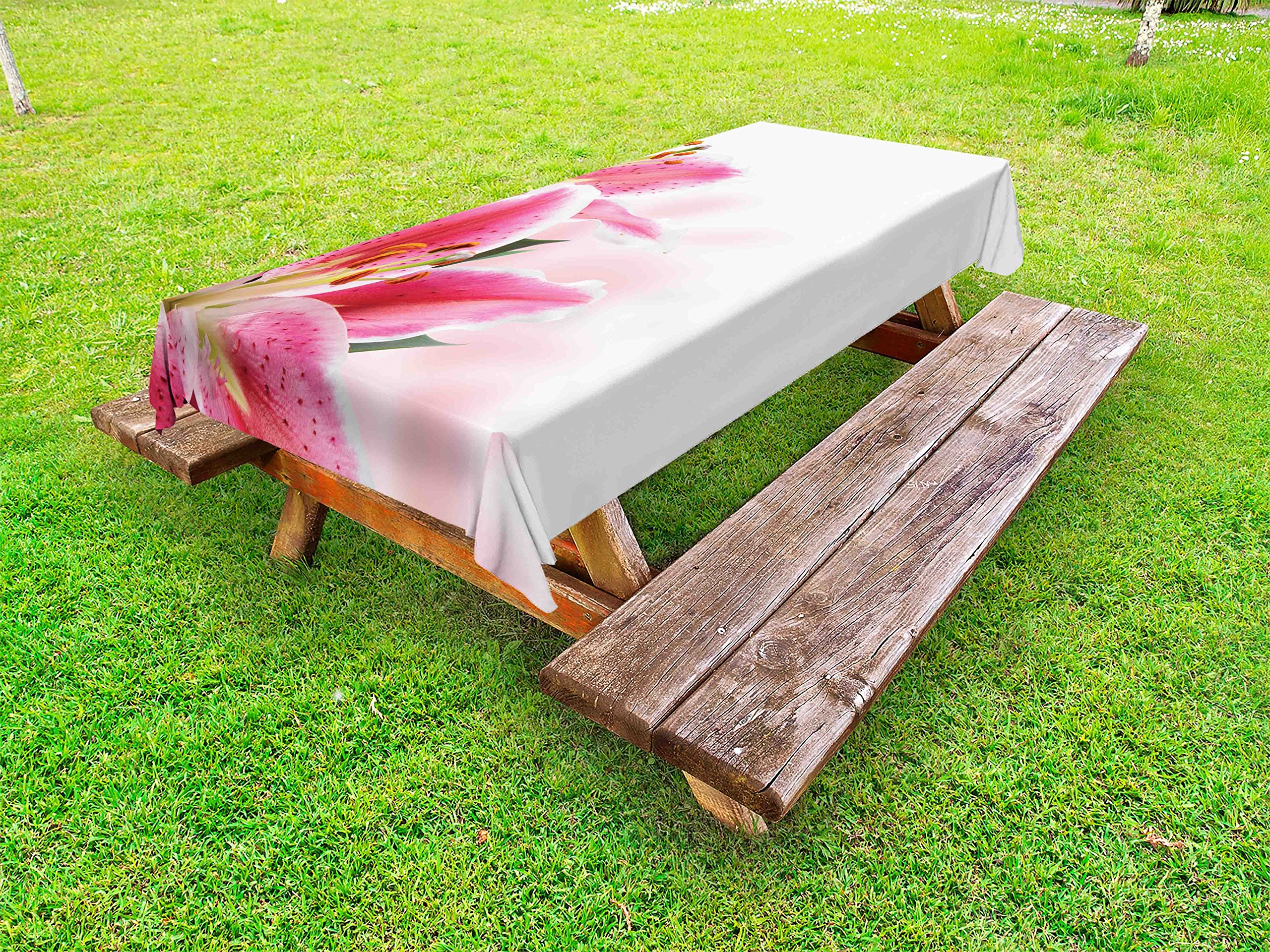 Ambesonne Floral Outdoor Tablecloth - Pink and White Lily Bouquet Design, Washable Picnic Table Cover 58x104 Inches, Perfect for Garden Parties, Bridal Showers & Outdoor Dining - Pink Orange Green Decor