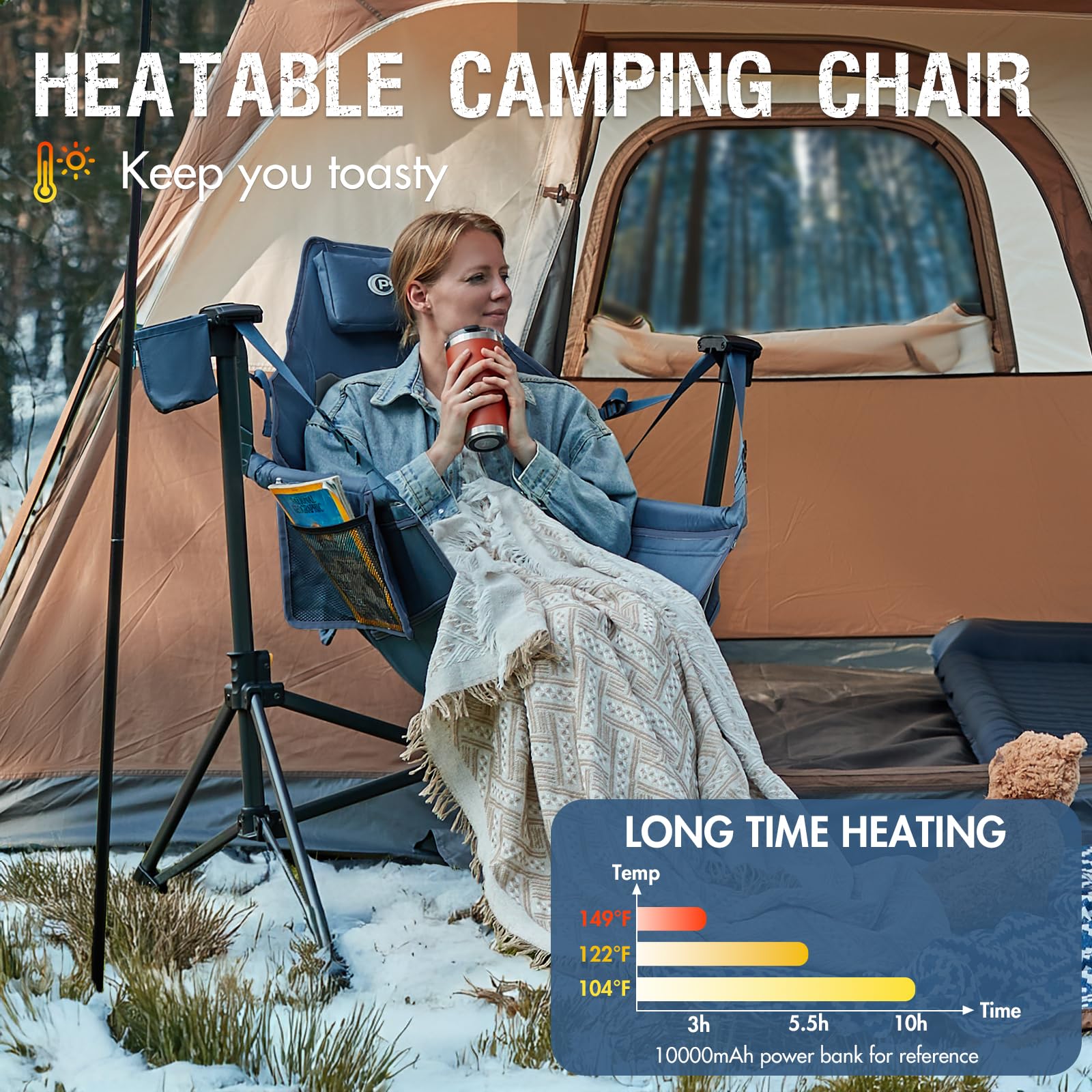 PORTAL Heated Hammock Camping Chair - Adjustable Outdoor Swinging Rocking Chair for Adults with Back Support & Height Adjustment - 400 lbs Weight Capacity - Perfect for Backyard, Patio, Beach & Camping (Blue)