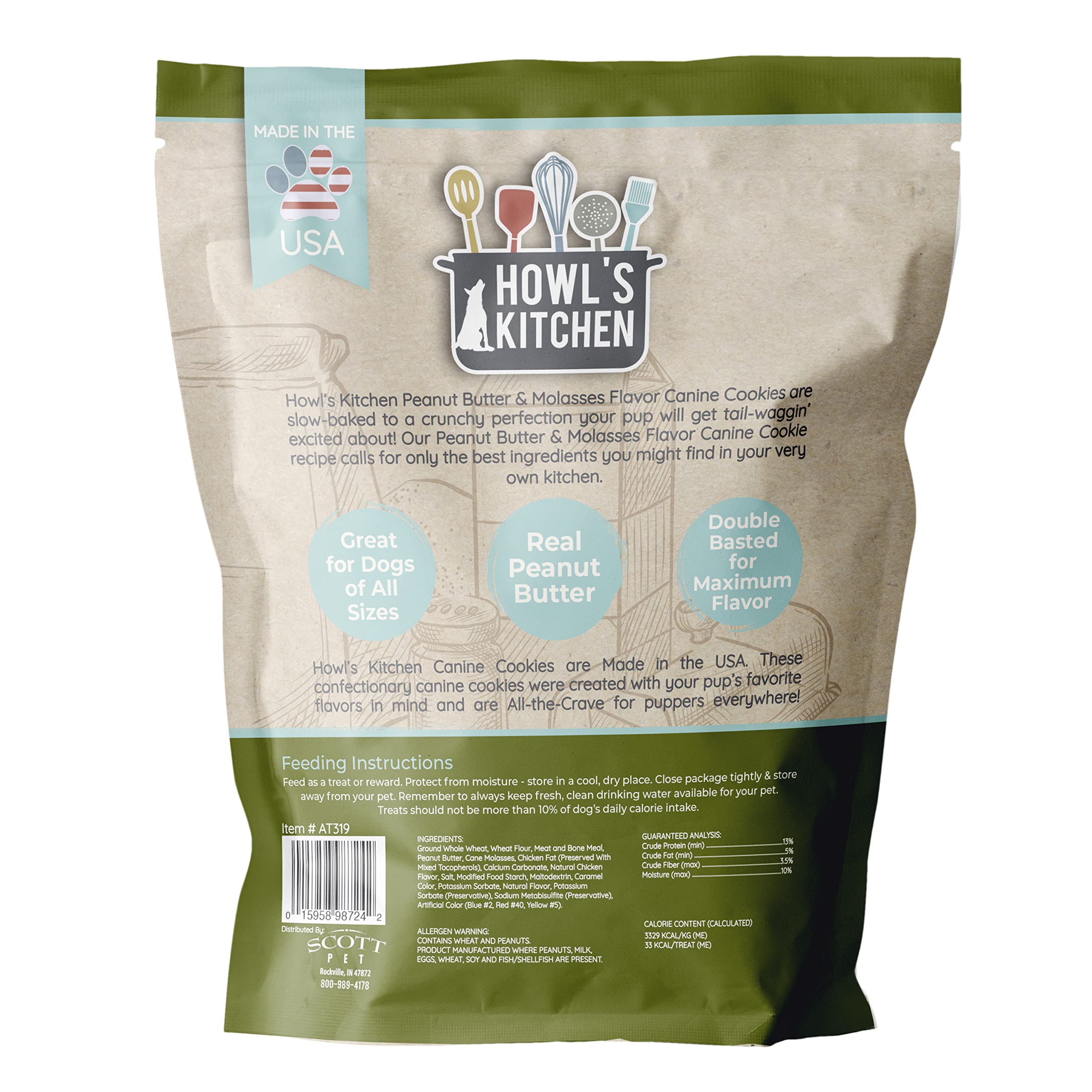 Howl's Kitchen Natural Peanut Butter & Molasses Dog Treats - Healthy Canine Cookies for Training, Rewards & Snacks - Delicious Crunchy Baked Biscuits for Small, Medium & Large Dogs
