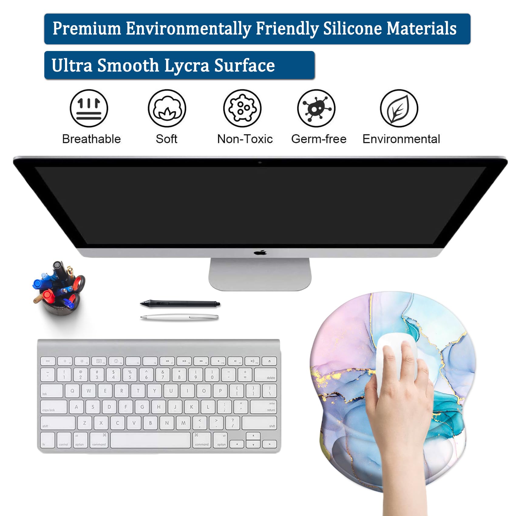 Ergonomic Mouse Pad with Wrist Support - Pain Relief Comfort for Office, Gaming & Study - Non-Slip PU Base Computer Mouse Pad (Pink Blue Marble) - Perfect for Home Office, PC Gaming & Long Work Sessions
