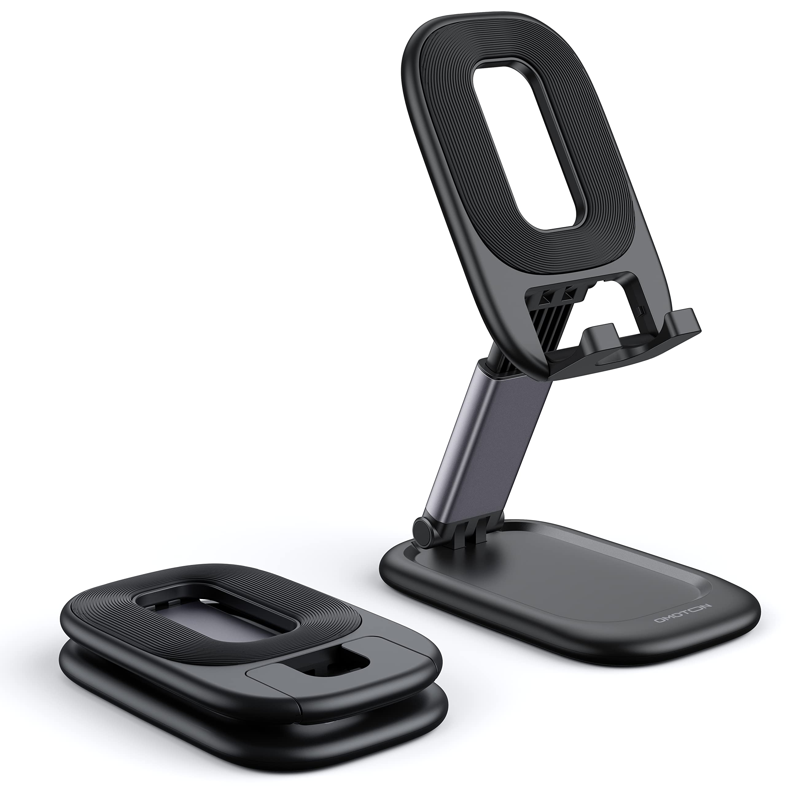 OMOTON Foldable Phone Stand - Adjustable Height, Portable Cell Phone Holder with Charging Hole for All Smartphones (Black) | Perfect for Desk, Travel, Watching Videos & Hands-Free Charging