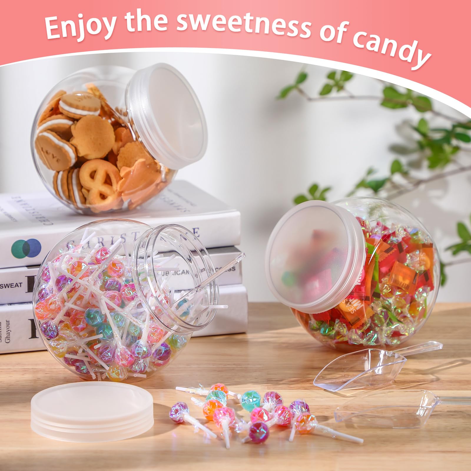 Umigy 2-Pack 84.5 oz Clear Plastic Candy Jars with Airtight Lids & Candy Scoops - Kitchen Cookie Storage Containers for Candy Buffet, Party Table Display & Home Decor