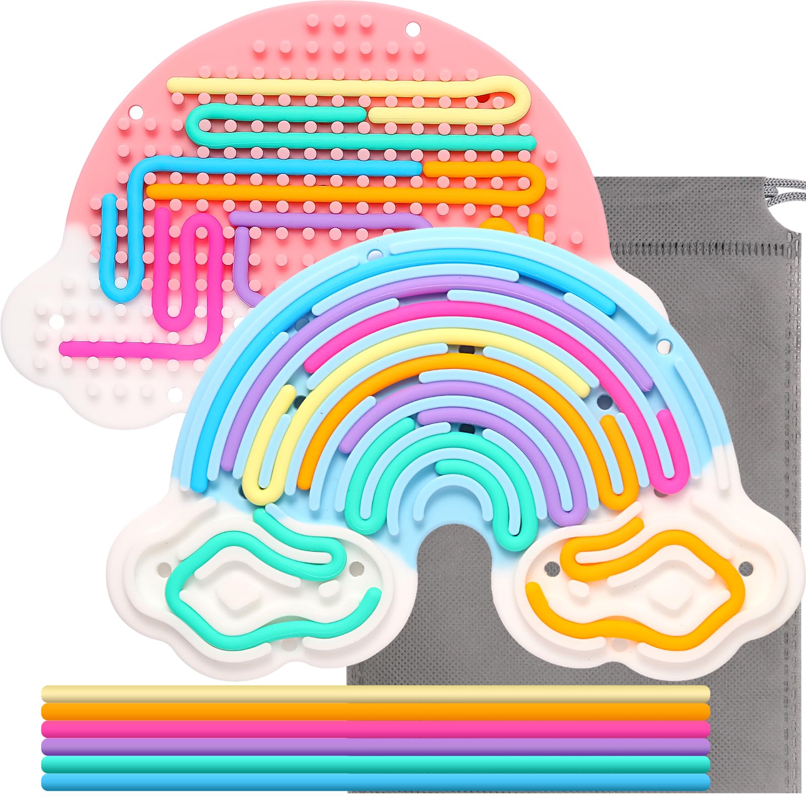 2-Pack Sensory Fidget Toys for Anxiety Relief - Silicone Activity Board for Autistic, ADHD Kids & Adults - Includes Travel Bag & 24 Strings - Rainbow Colors (Pink & Blue) - Perfect for Stress Relief, Focus & Travel