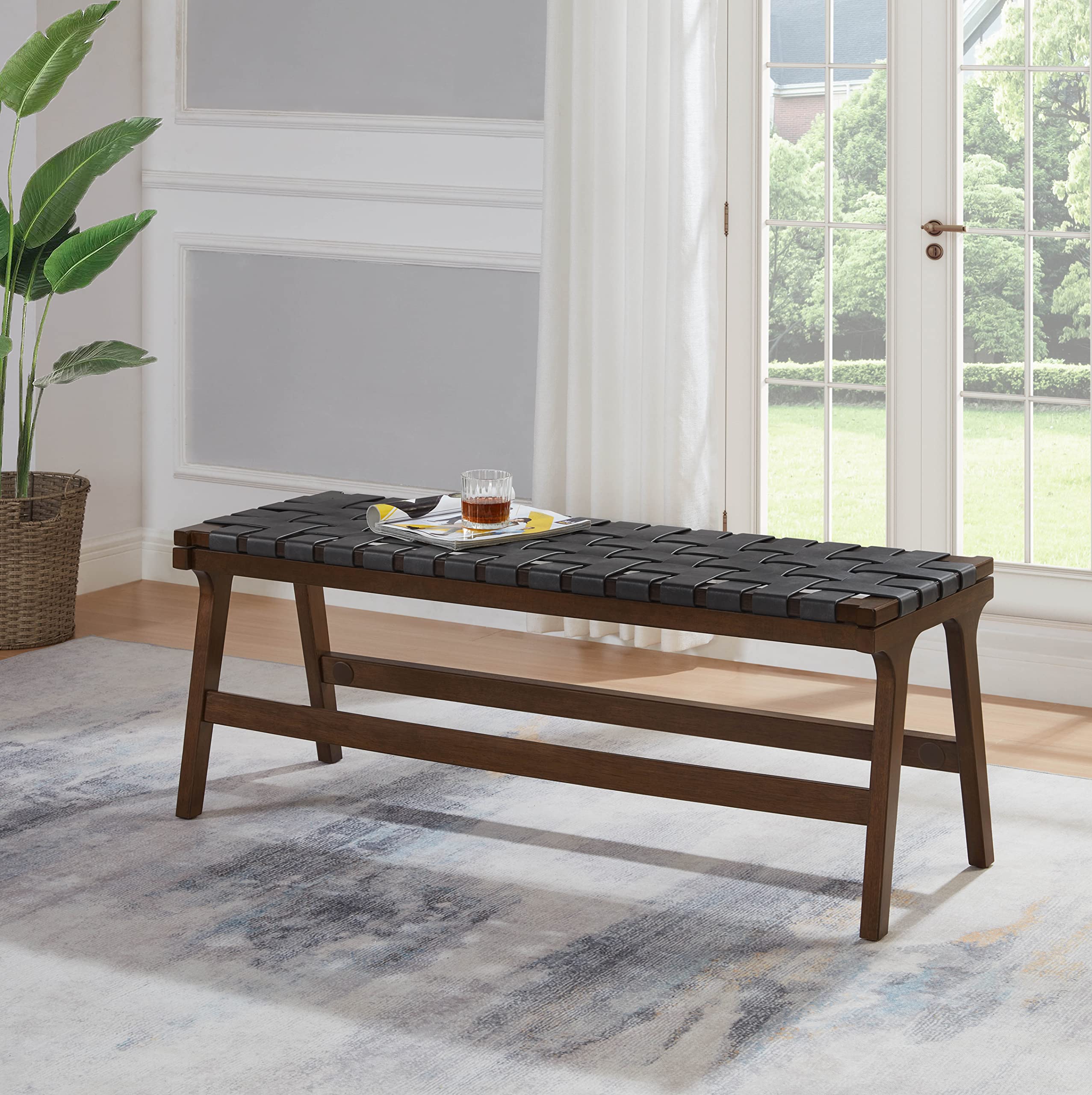 Faux Leather Woven Dining Bench - 48