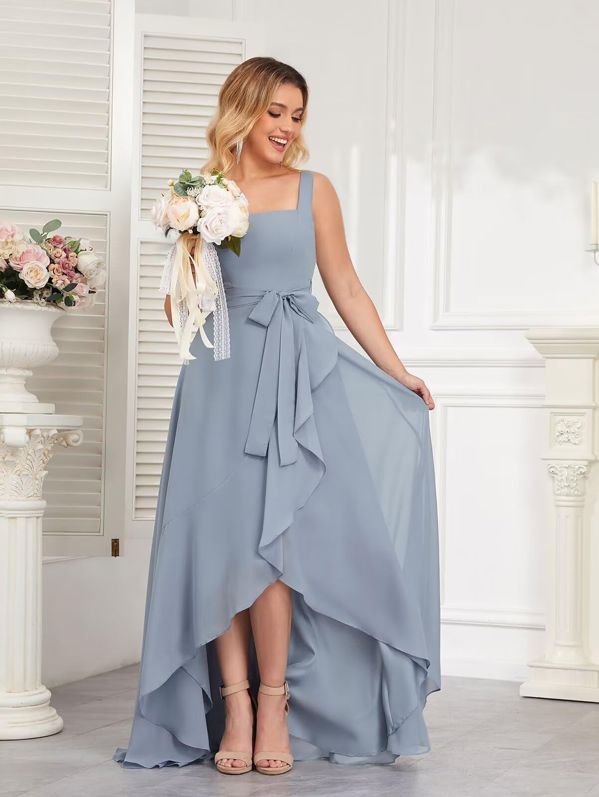 Elegant Square Neck Long Chiffon Bridesmaid Dress with Ruffle High-Low Hem - Formal Evening Gown for Women | Perfect for Weddings, Prom & Special Occasions