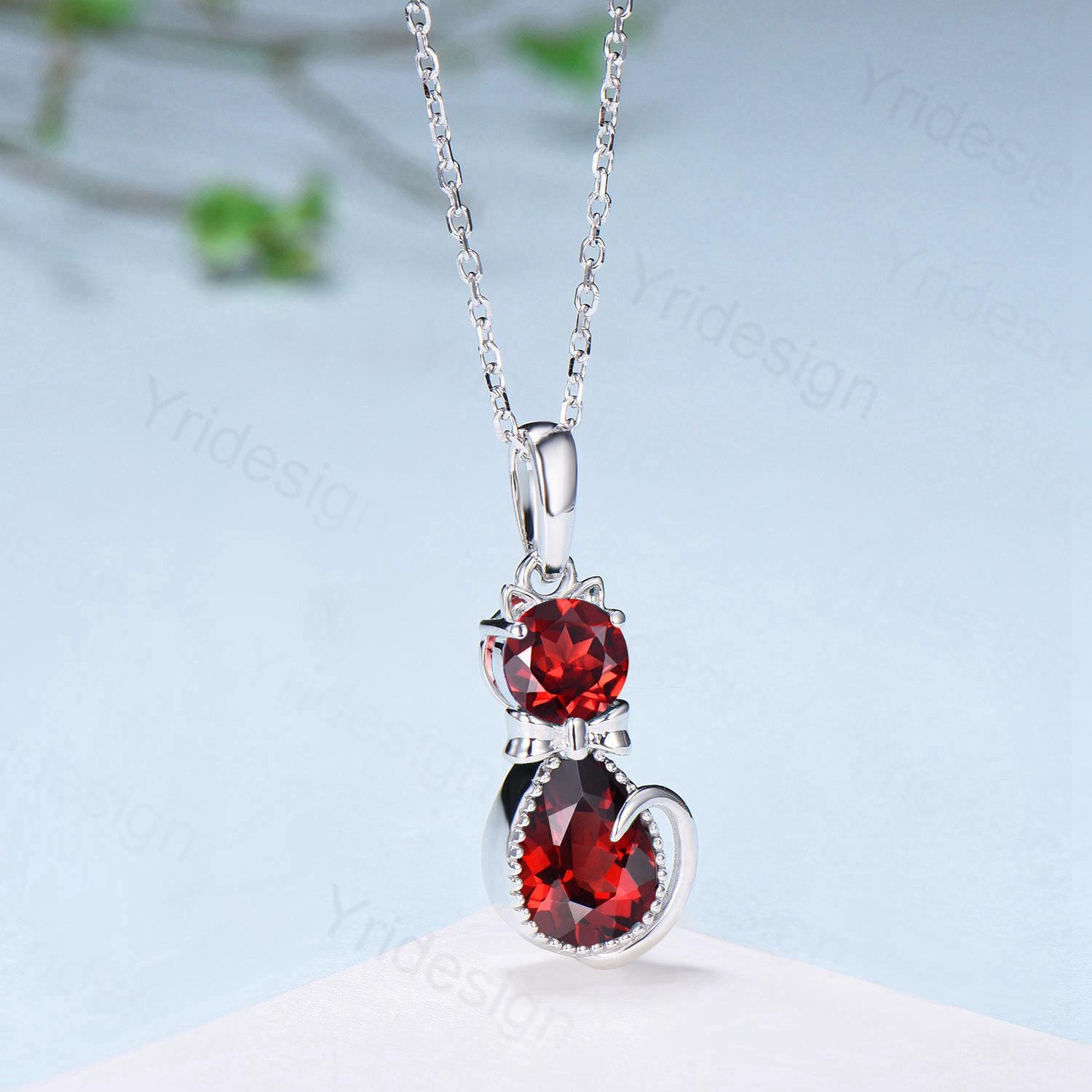 Elegant Cat Garnet Pendant Necklace - Art Deco Style in Silver & White Gold - January Birthstone Jewelry - Unique Personalized Anniversary Gift for Women - Perfect for Valentine's Day, Birthday & Special Occasions