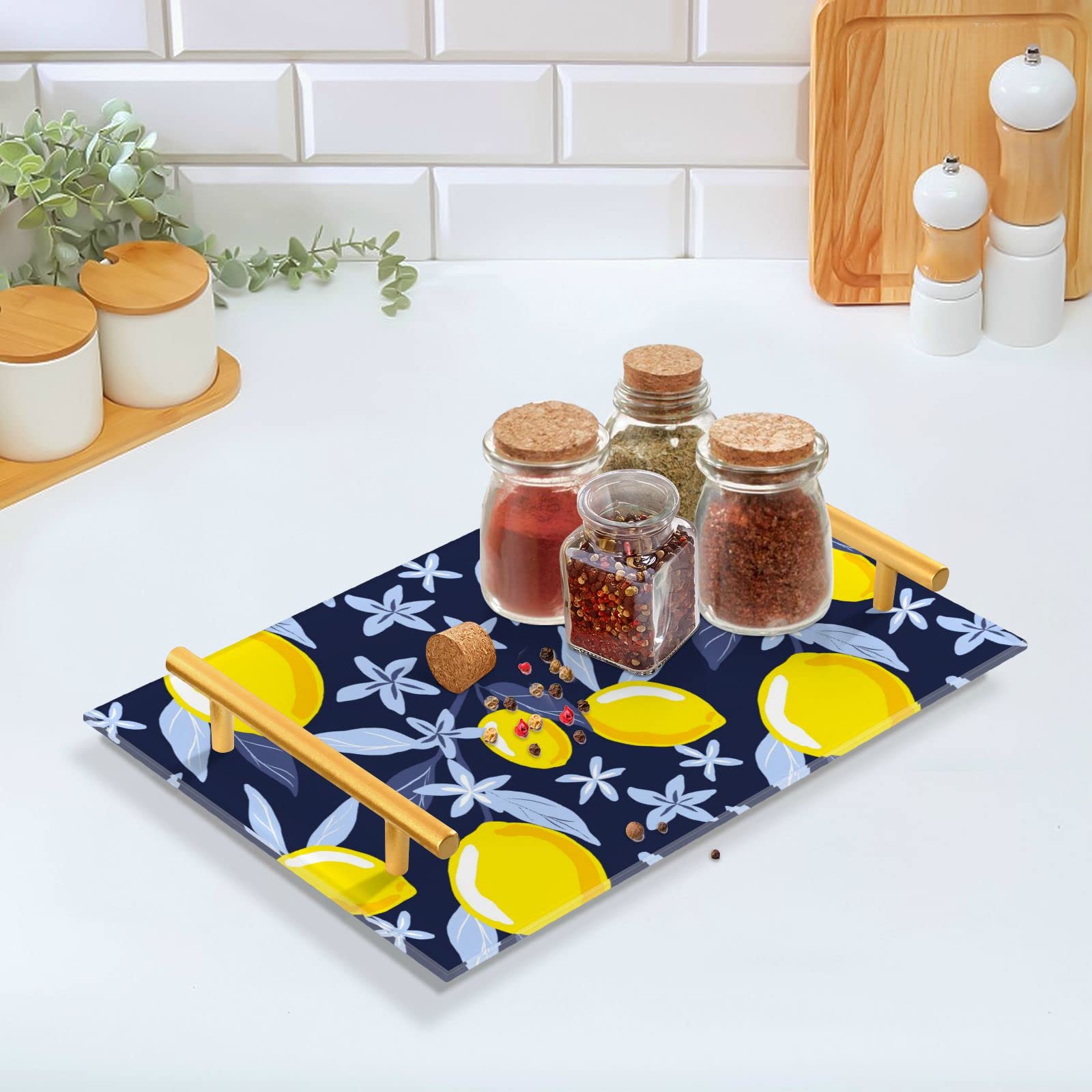 Yellow Lemons Vanity Tray with Gold Handles - Floral Leaf Decorative Tray for Perfume, Jewelry & Coffee - Makeup Organizer for Dresser, Bedroom & Kitchen - Perfect for Home Decor & Gift Giving