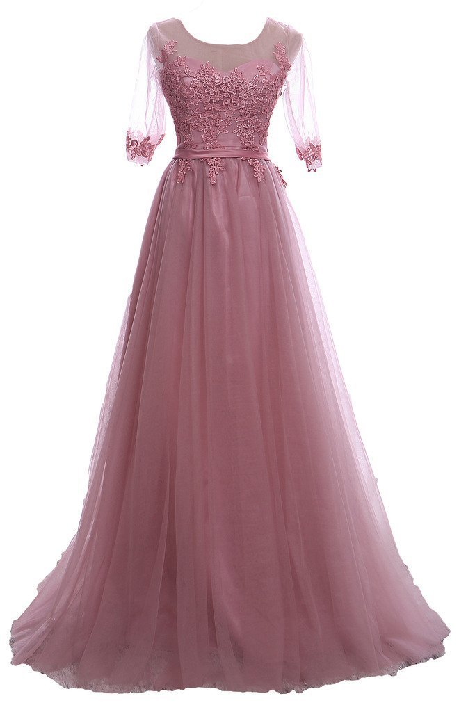 Elegant Women's Half Sleeves Lace Applique Tulle Long Formal Evening Dress for Prom, Wedding, Gala & Special Occasions