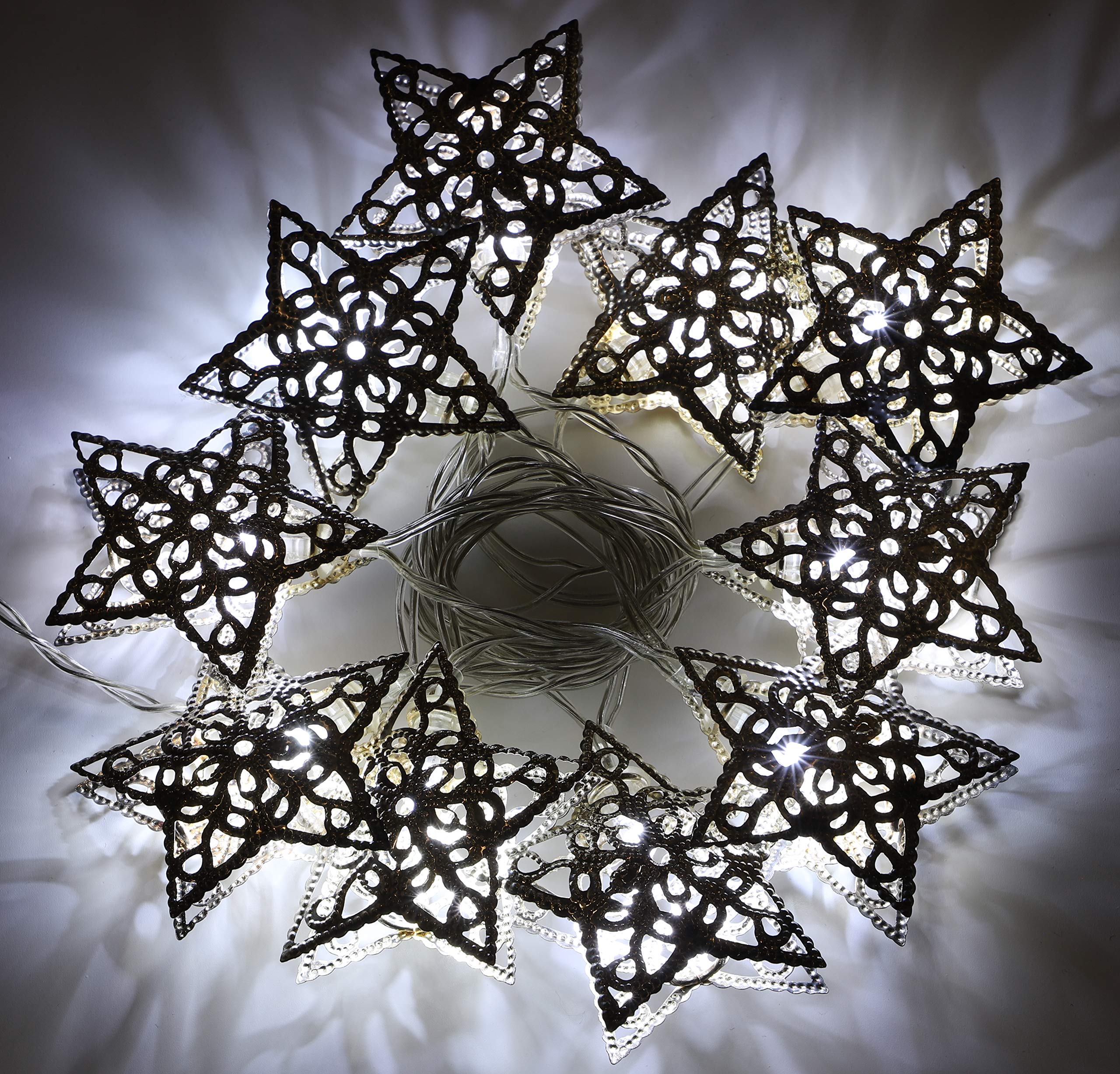 10 Pack Silver Metal Star Shaped Christmas Fairy Lights with Warm White LEDs - Indoor/Outdoor Holiday Decor for Bedroom, Tree, Window, Party & Home Decoration