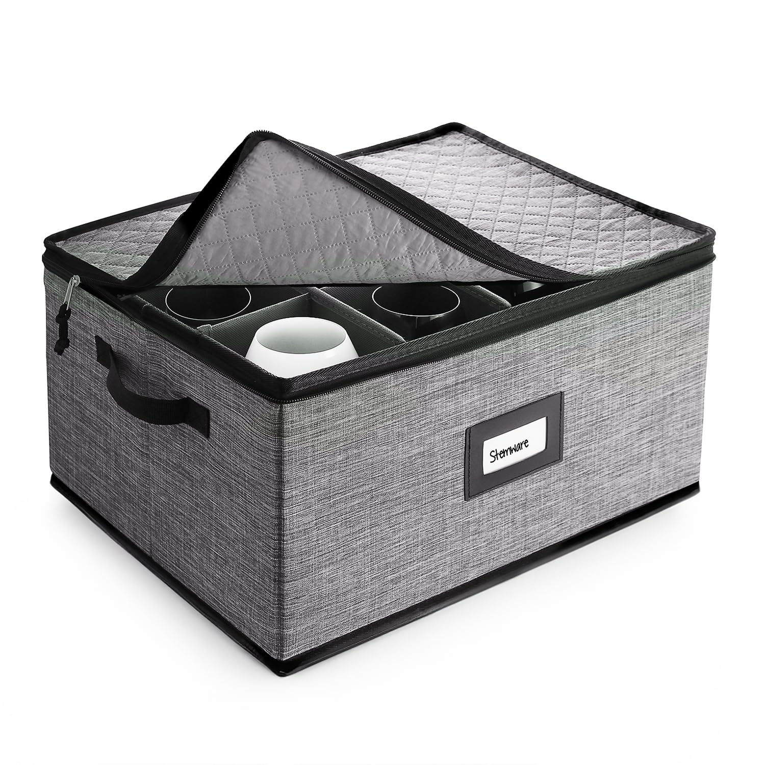 Premium Wine Glass Storage Box with Dividers – 12-Piece Quilted & Stackable Stemware Organizer, Hard Shell China Storage Containers for Moving & Seasonal Storage – Perfect for Home, Parties & Restaurants